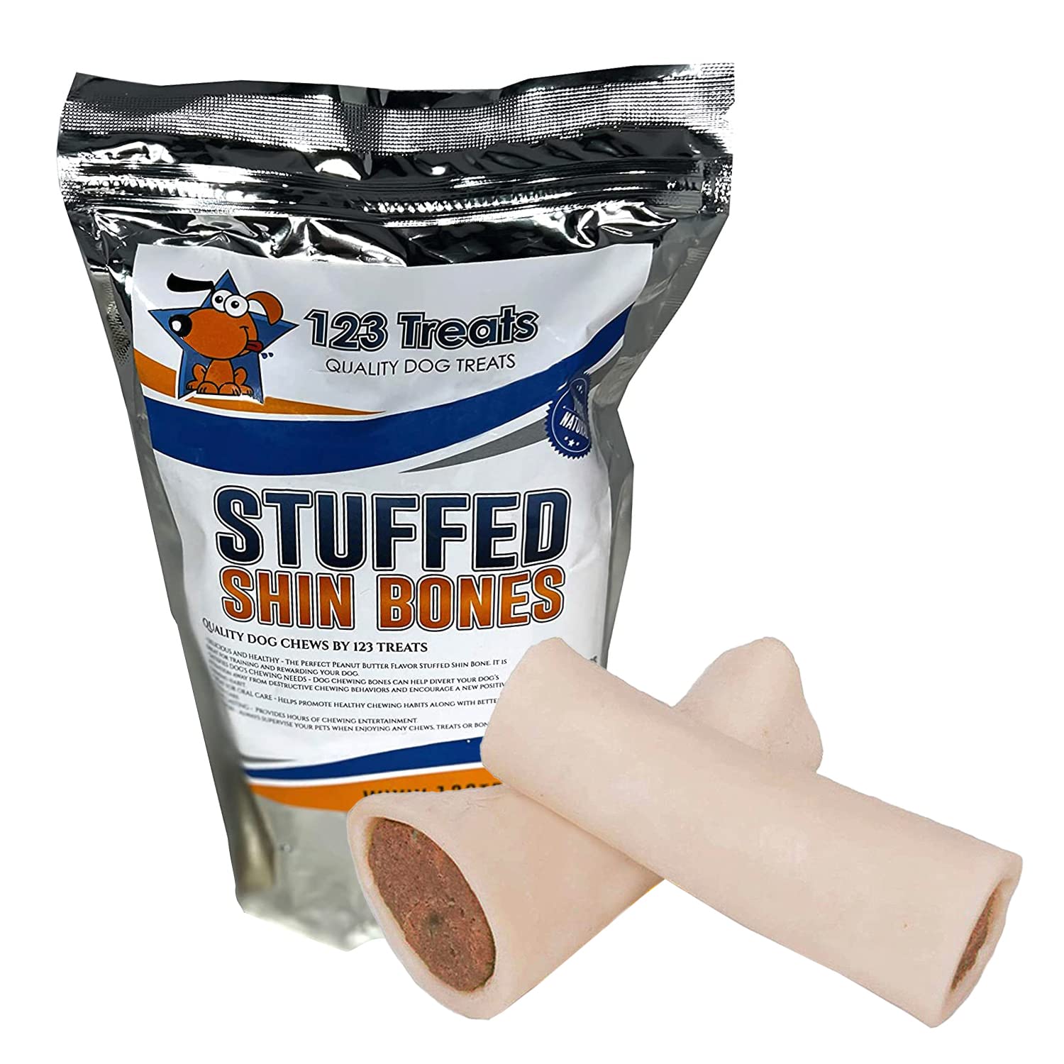 Healthy Peanut Butter Filled Dog Bones - Natural PB Stuffed Shin Chews for Medium & Large Dogs | Long Lasting 5-6