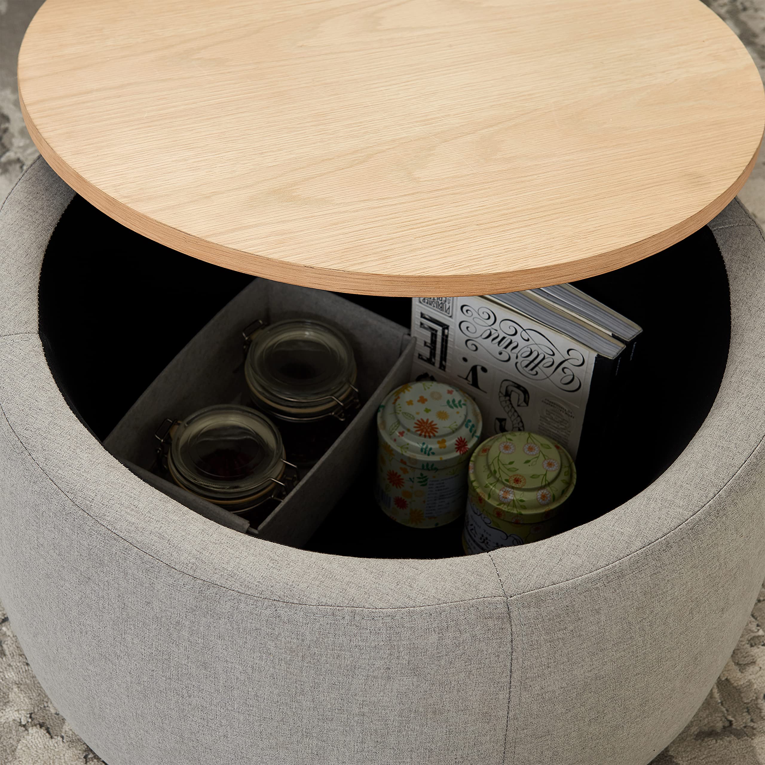 Round Storage Ottoman with Reversible Tray - Multifunctional Coffee Table, Foot Rest & End Table for Living Room - Light Gray - Perfect for Small Spaces, Home Decor & Extra Seating