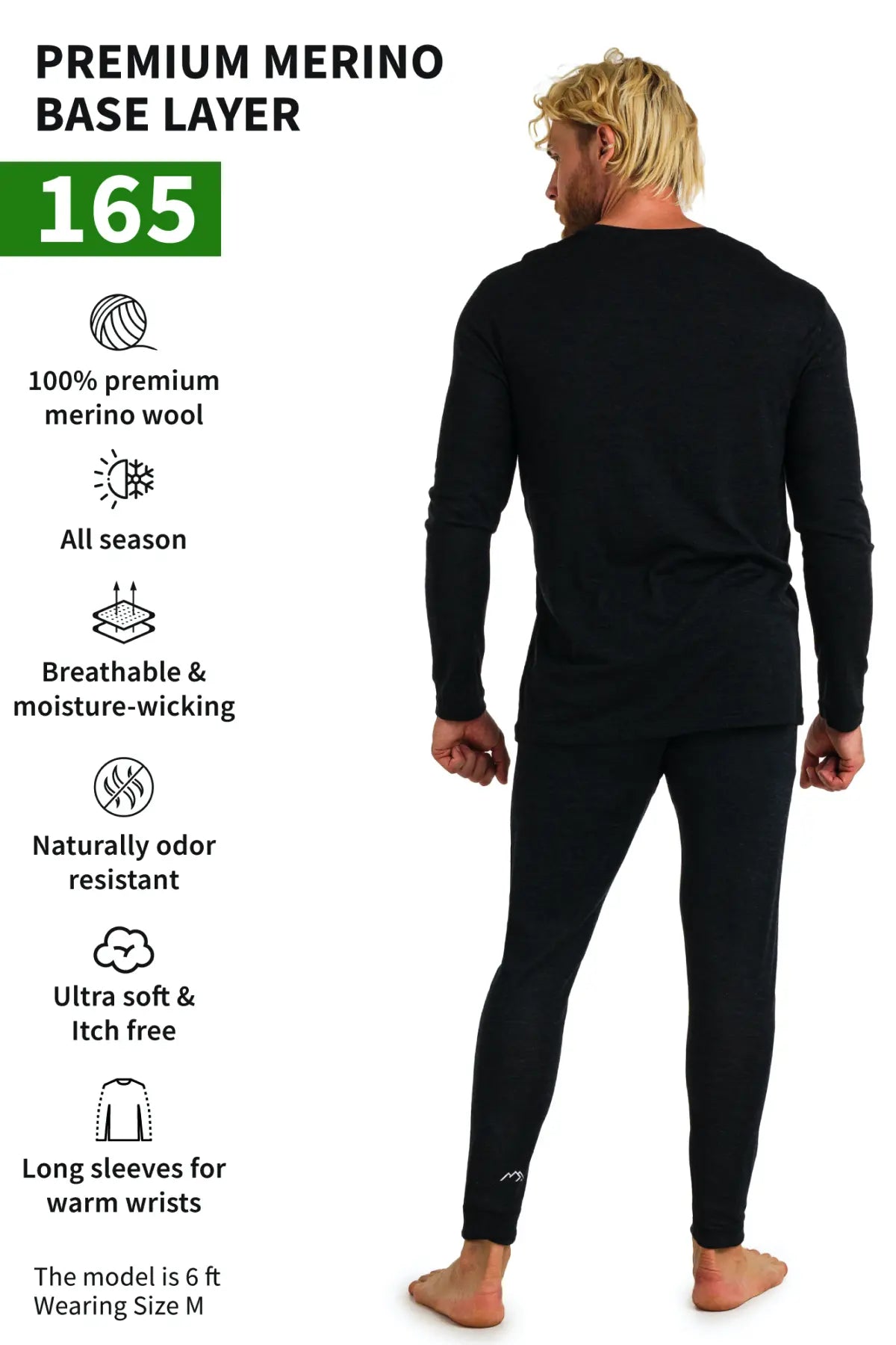 Men's Merino Wool Thermal Underwear Set - 165 Heath Black - Warm Base Layer for Winter Hiking, Skiing & Cold Weather Activities
