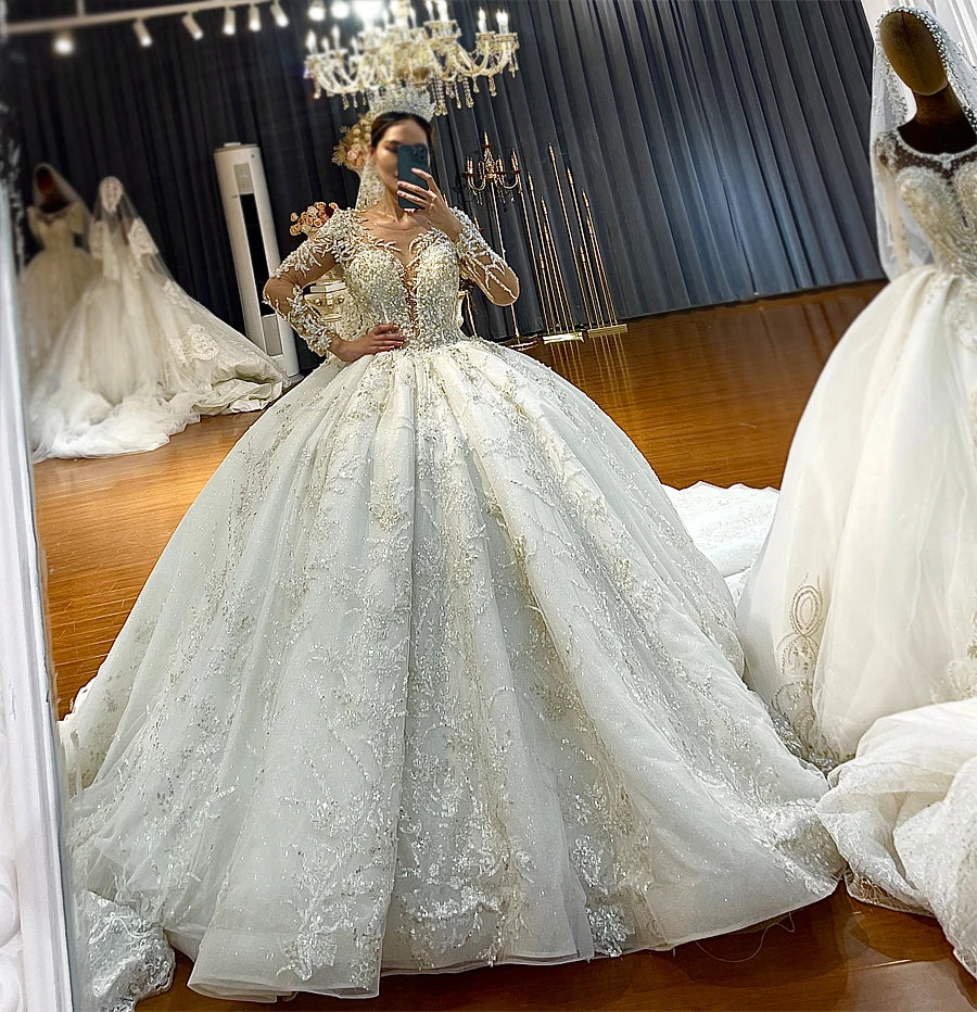 Luxury Princess Ball Gown Wedding Dress with Elegant Long Sleeves - Perfect for Bridal, Prom, Quinceañera & Formal Events
