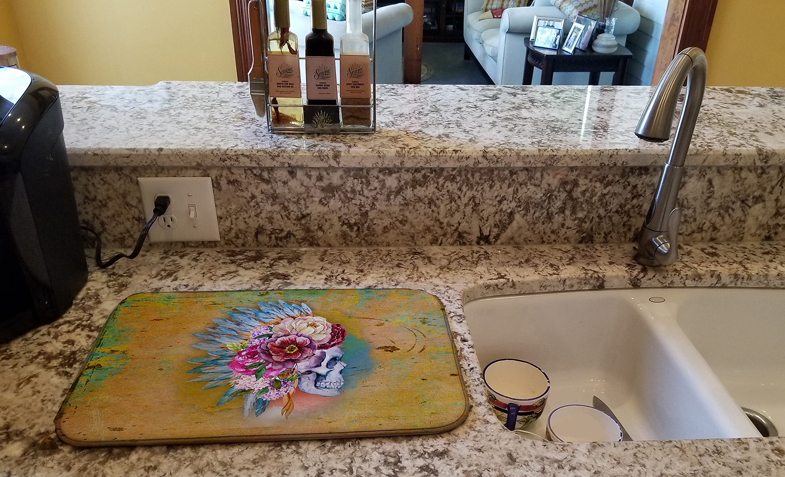 Colorful Day of the Dead Skull Dish Drying Mat - Absorbent Kitchen Counter Pad (14x21