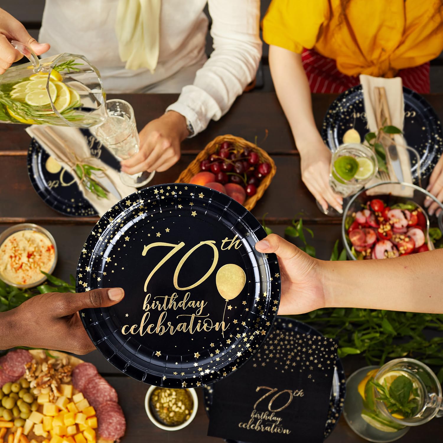 Gatherfun 70th Birthday Party Supplies Set - 25-Pack Disposable Paper Plates, Napkins, Cups, Cutlery & Tablecloth with Black & Gold Number 70 Balloons & Banner - Elegant 70th Birthday Decorations for Men & Women - Perfect for Milestone Celebrations & Retirement Parties