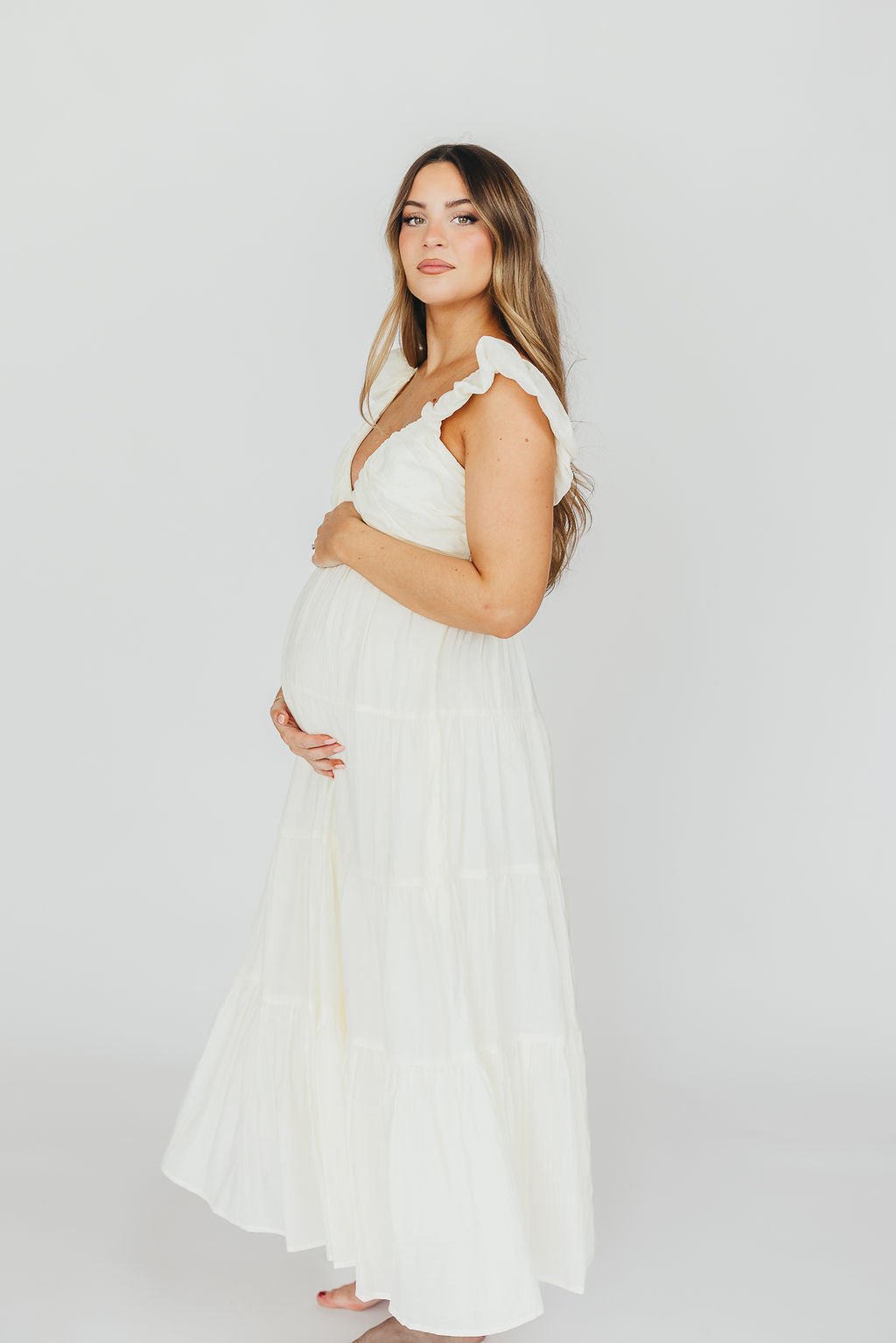 Katy Pleated Bodice Midi Dress in Cream | Bump Friendly Maternity Dress | Perfect for Baby Showers, Weddings & Special Occasions