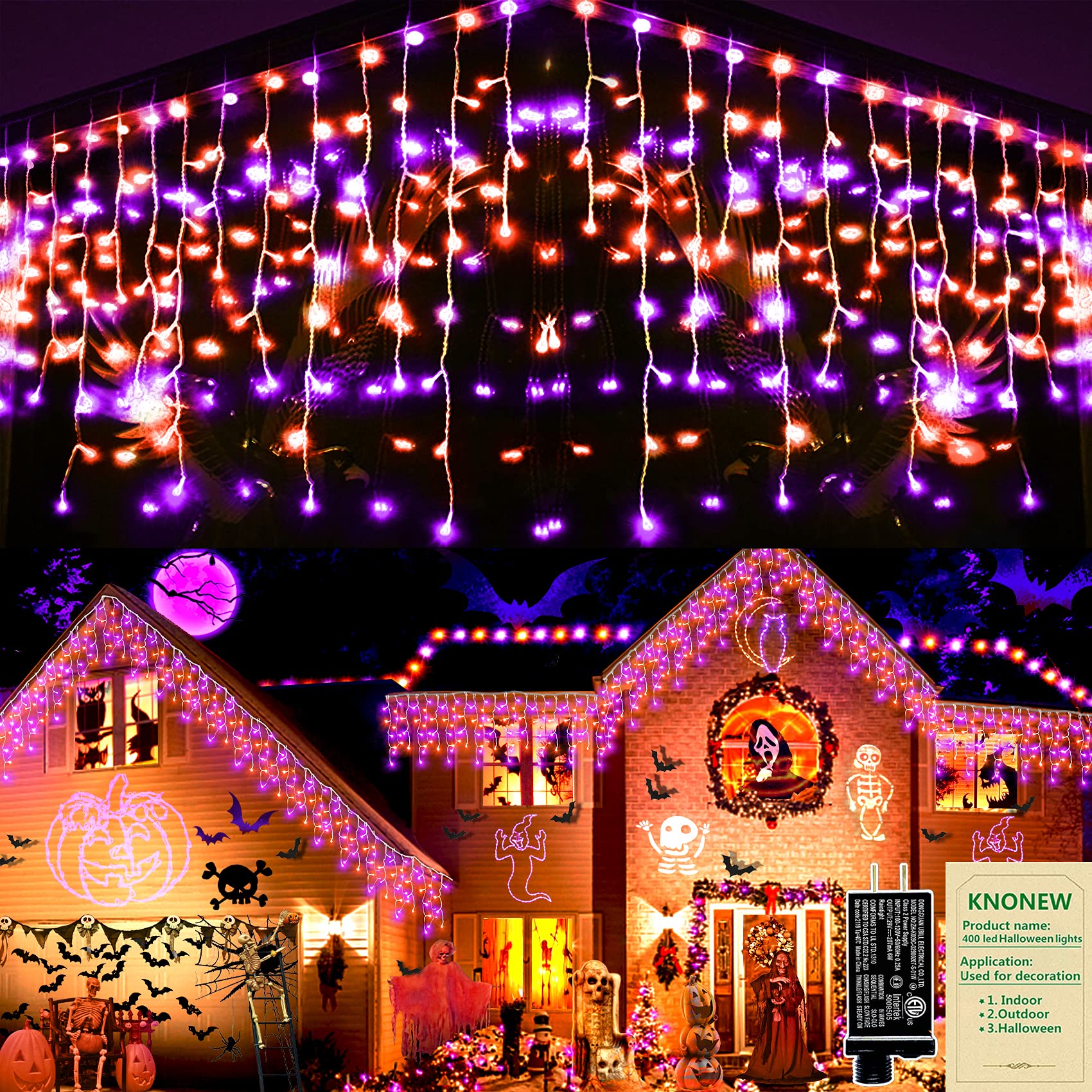 KNONEW 33FT 400 LED Orange Purple Halloween String Lights - 75 Drops, 8 Lighting Modes, Timer Memory, Connectable - Outdoor Hanging Curtain Lights for Halloween Party, Christmas, Garden, and Home Decor