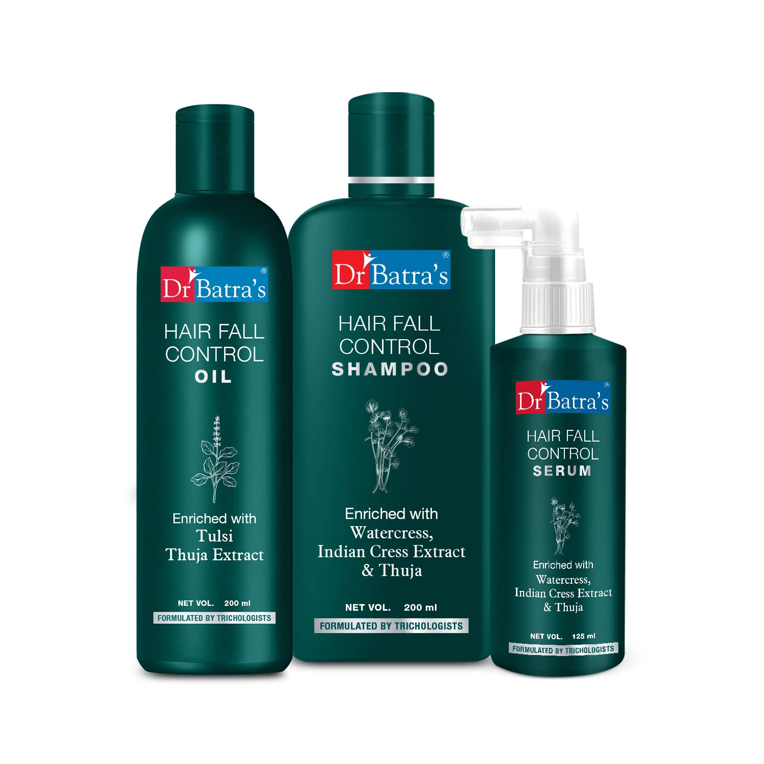Dr Batra's Hair Fall Control Combo Kit - 125ml Serum, 200ml Oil & 200ml Shampoo with Thuja & Henna | Reduce Hair Loss & Promote Growth | Perfect for Daily Hair Care Routine & Scalp Treatment