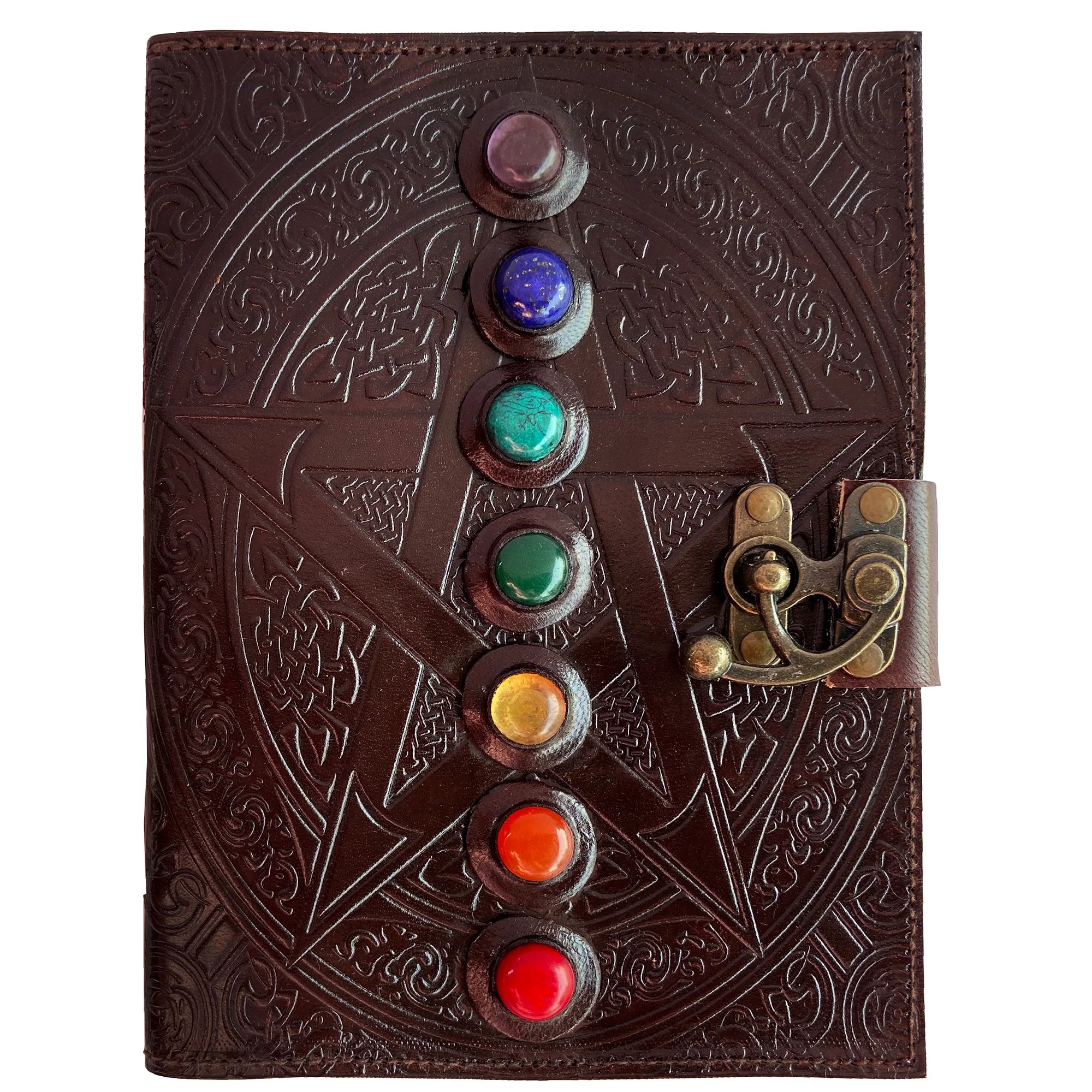 Vintage Leather Bound Journal with Lock - Handmade Antique 7 Stone Book of Shadows, Deckle Edge Paper - Perfect for Wiccan Rituals, Witchcraft, Gift Giving & Journaling