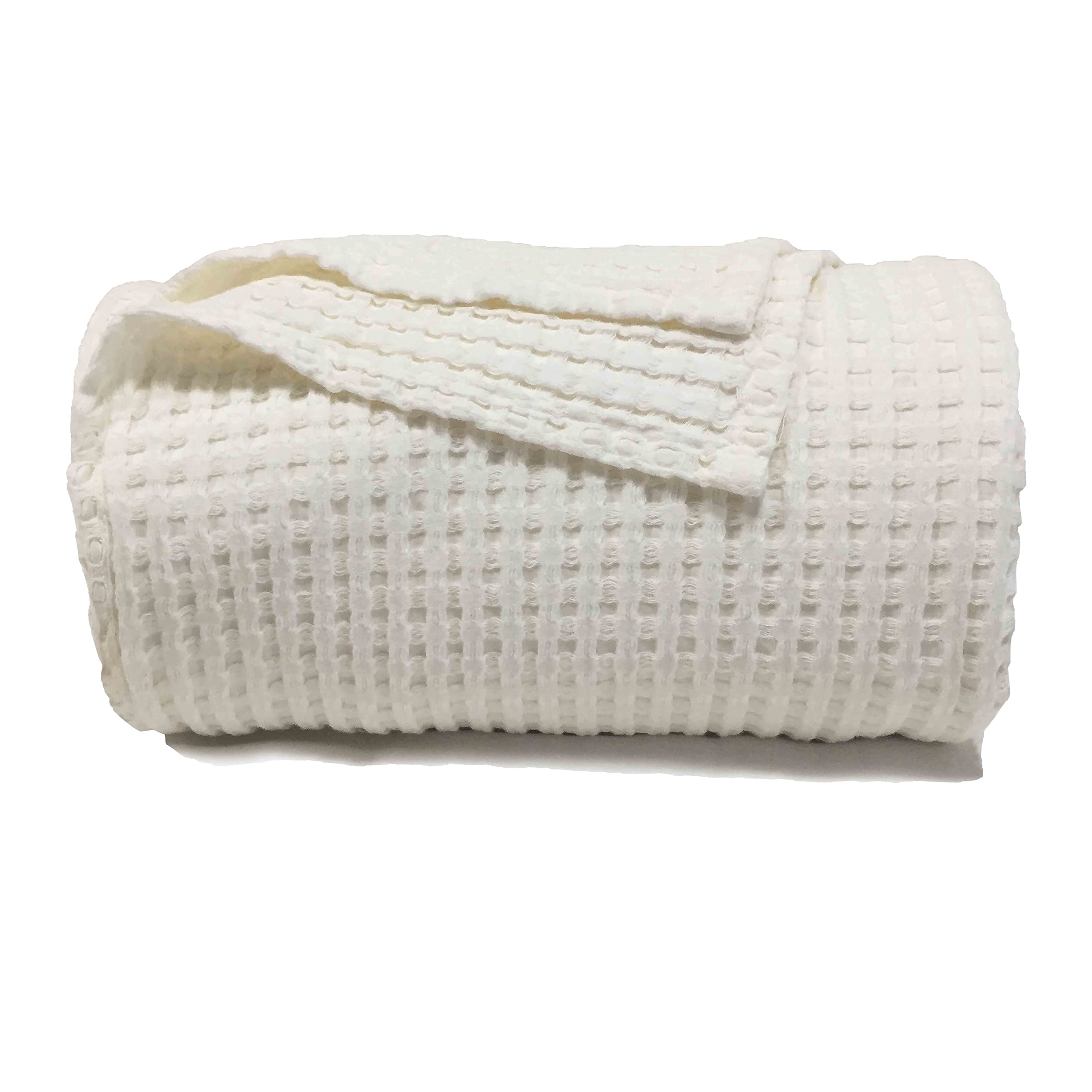 Derf HOME Waffle Cotton Blanket - Queen Size 90x90 Inches, Soft Lightweight All-Season Waffle Weave Blanket with Wash & Drawnwork Technique (Cream White) - Perfect for Bedroom, Living Room, Sofa & Guest Room Comfort