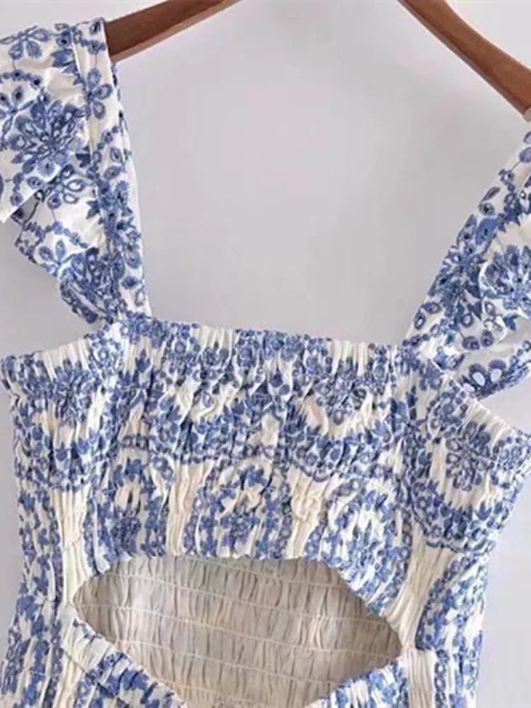 Floral Embroidery Backless Dress for Women - Hollow Out Ruffled Strap Midi Dress for Holiday, Party & Summer Outings