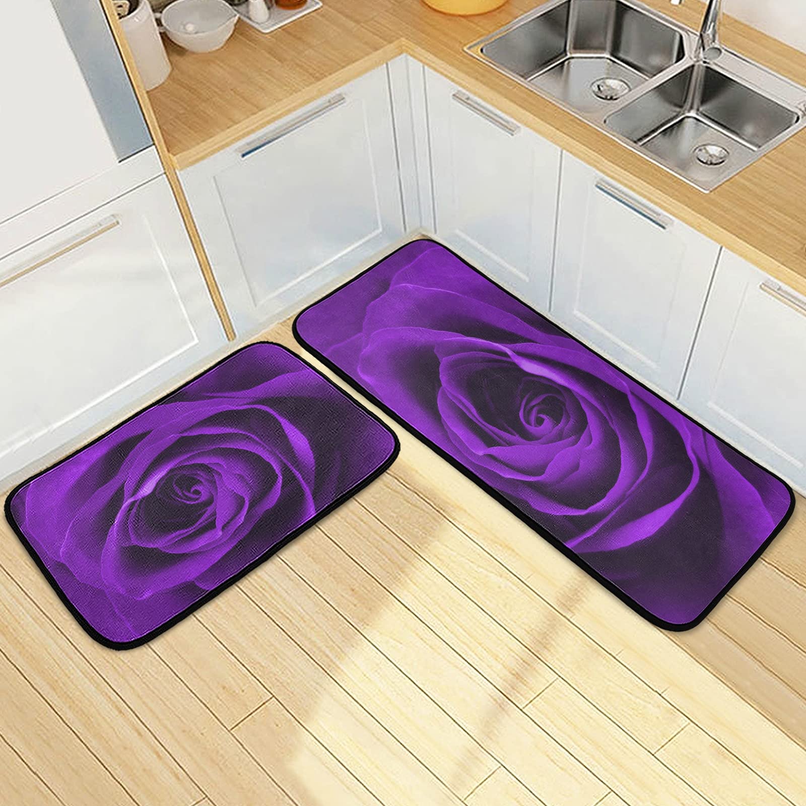 Valentine's Day Purple Rose Non-Slip Kitchen Rugs Set of 2 - Washable Polyester Floor Mats for Kitchen, Laundry, Sink & Office - Soft Standing Mats for Comfort & Style