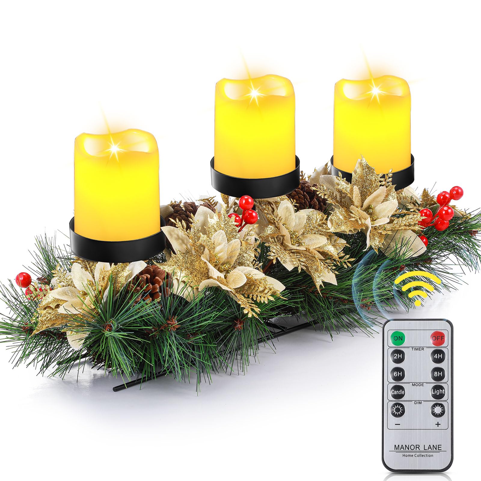17 Inch Gold Artificial Christmas Candle Holder Centerpiece with 3 Ivory White Flameless Flickering Candles - Remote Control & Timer - Holiday Table Decor for Christmas Party, Dining Room, Fireplace Mantel