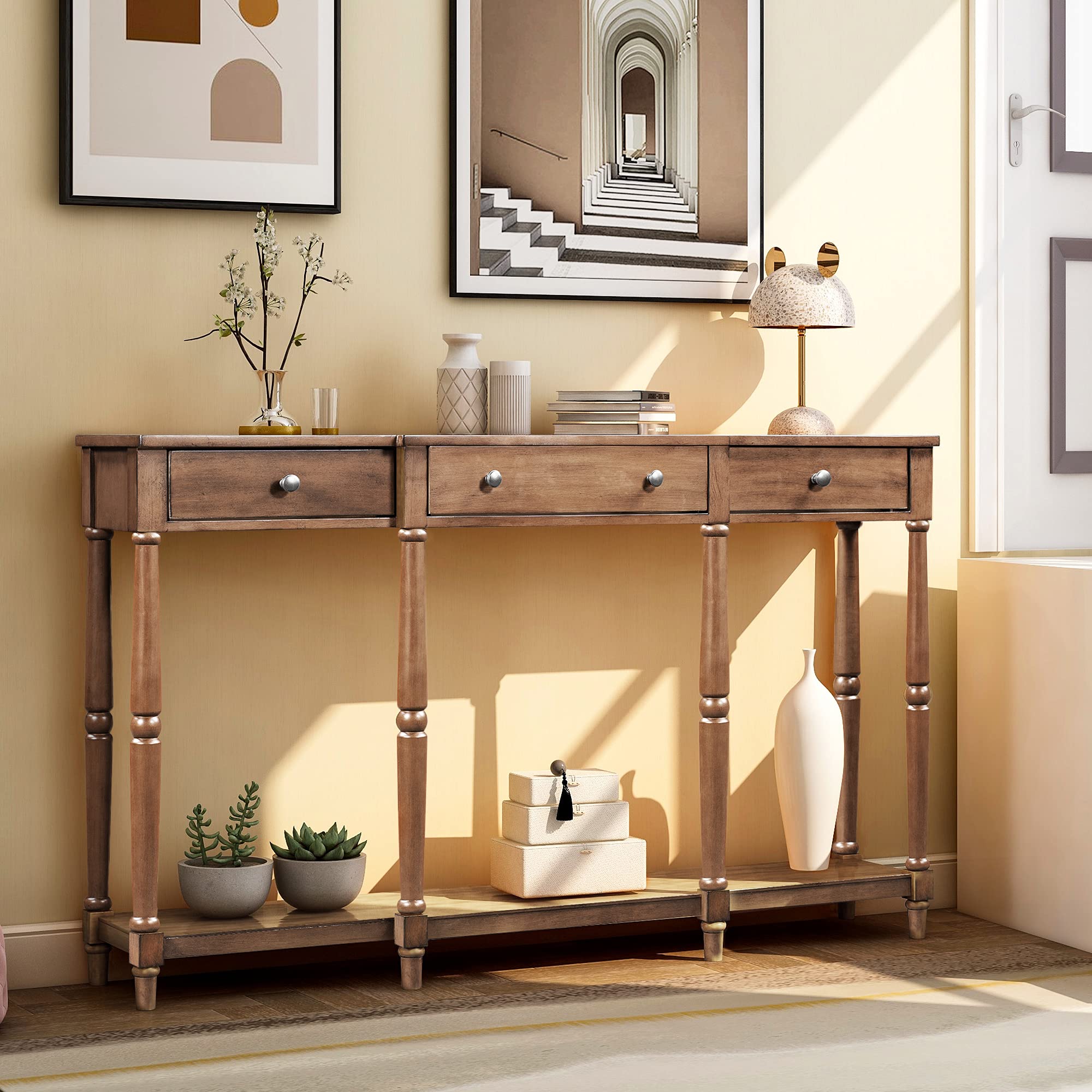 Modern Solid Wood Console Table with 3 Drawers & Storage Shelf | Entryway Sofa Table for Hallway & Living Room | Easy Assembly Brown Wooden Hall Table (58.07''L x 11.02''W x 33.86''H) | Perfect for Small Spaces, Apartment Entryways & Behind Couch Decor