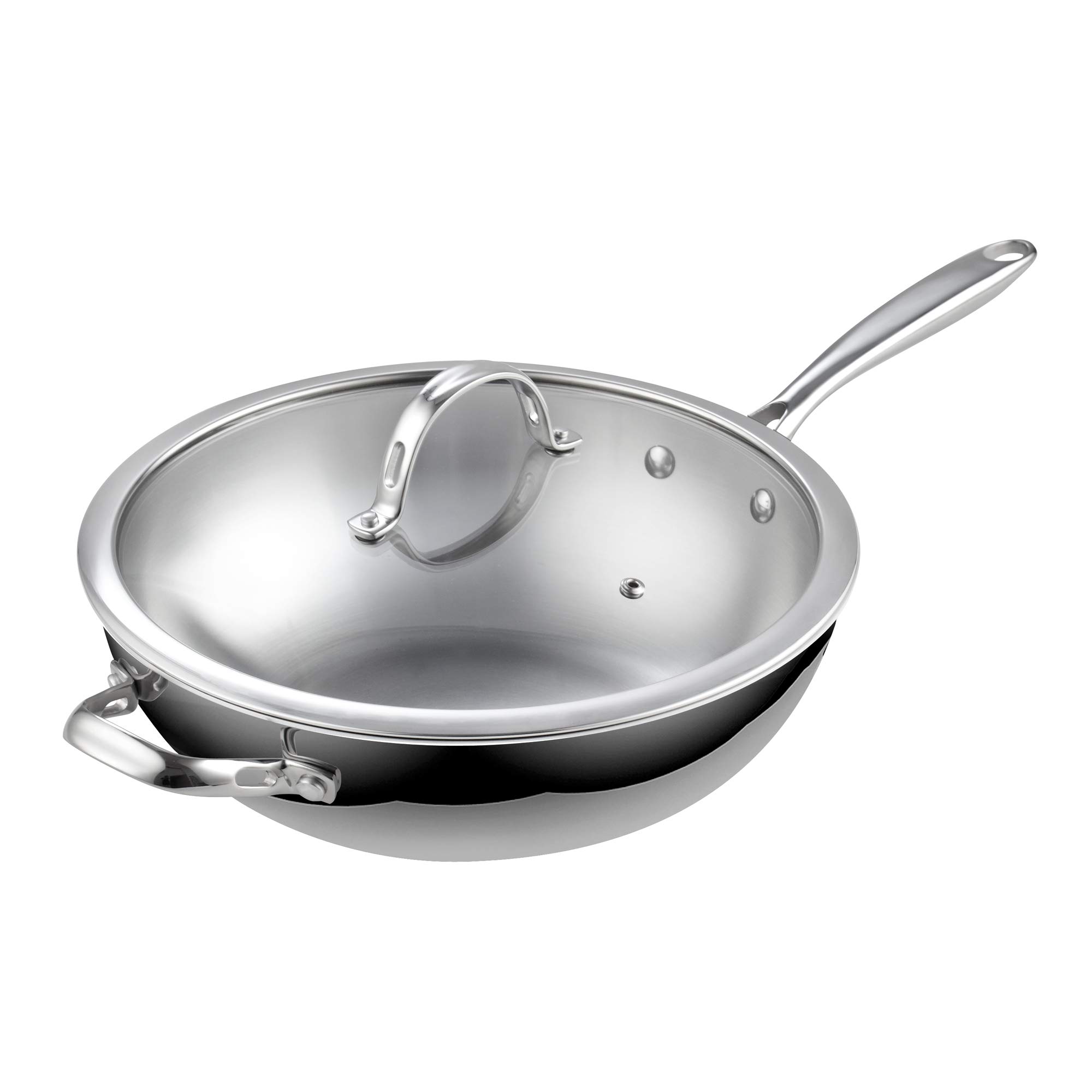 Premium 12-Inch Stainless Steel Wok Pan - Multi-Ply Clad Stir Fry Pan with Glass Lid - Induction Compatible Cookware for Asian Cuisine - Perfect for Stir-Frying, Sautéing & Deep Frying in Home Kitchens