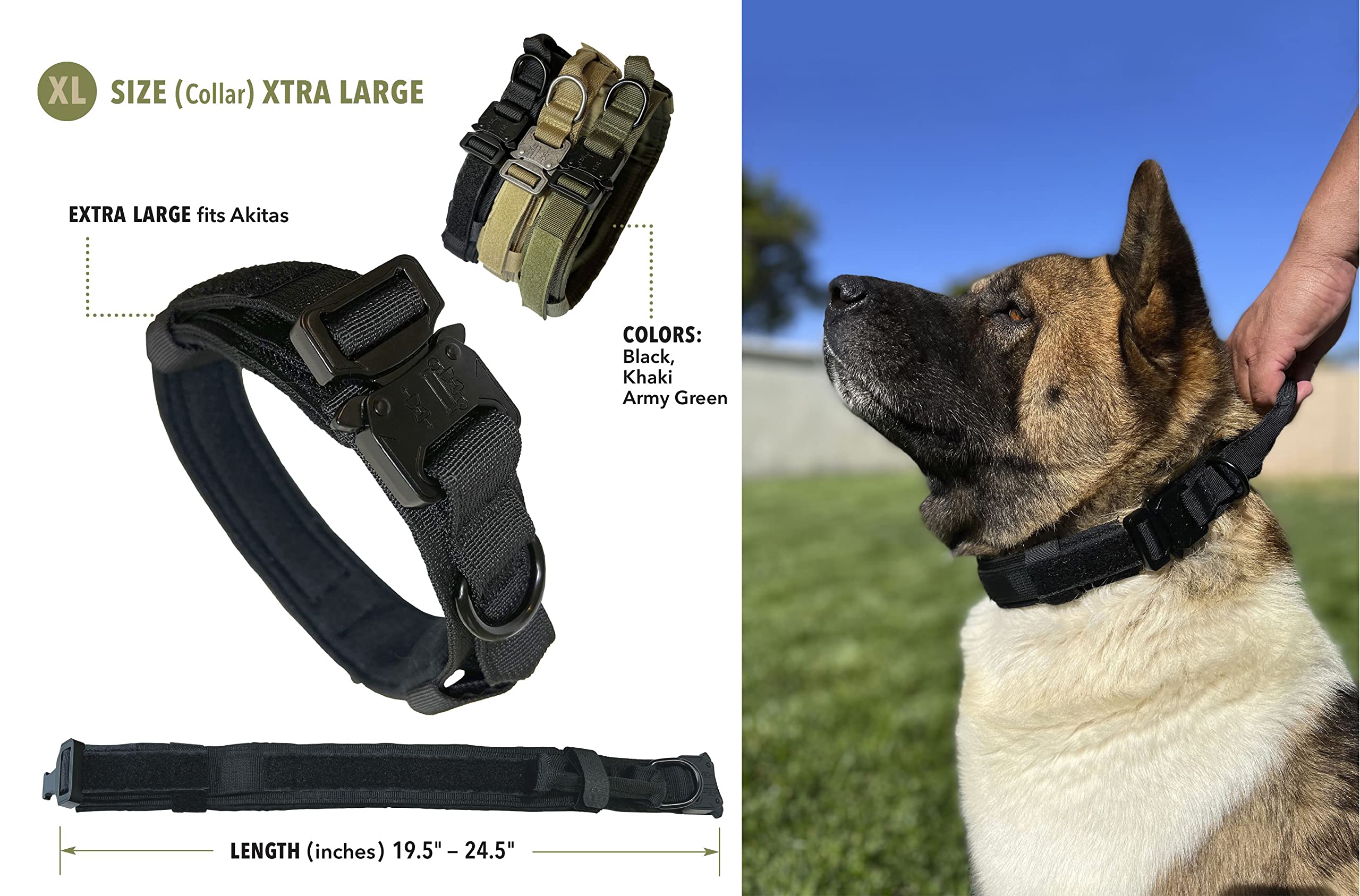 Tactical Dog Collar Heavy Duty - Adjustable Nylon Military Training Collar for Large Dogs - Medium Black - Perfect for Outdoor Hiking, Hunting & Security Training