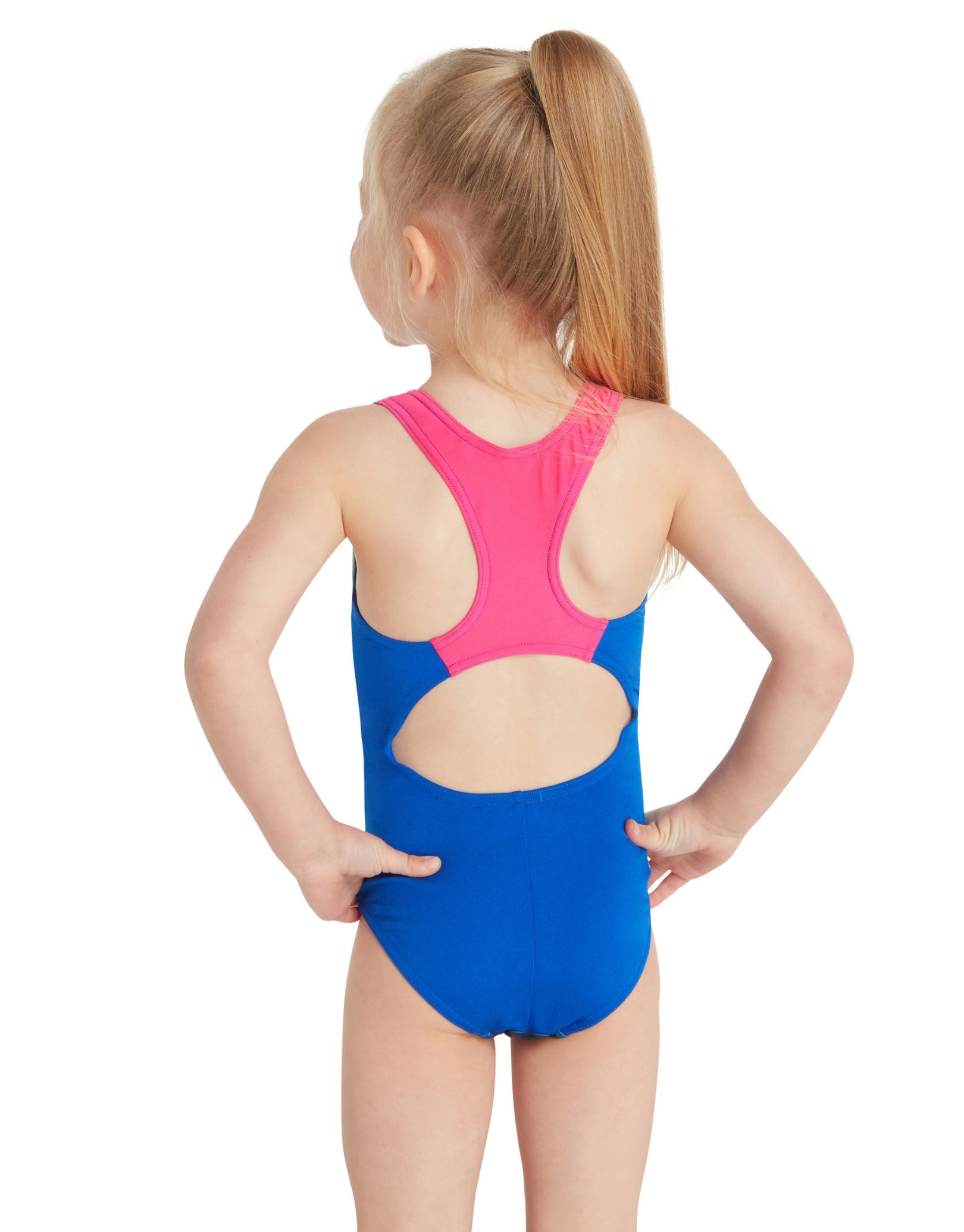 Girls' Sea Horse Print Actionback Swimsuit - Blue & Pink Two-Tone Design for Beach, Pool & Summer Water Activities