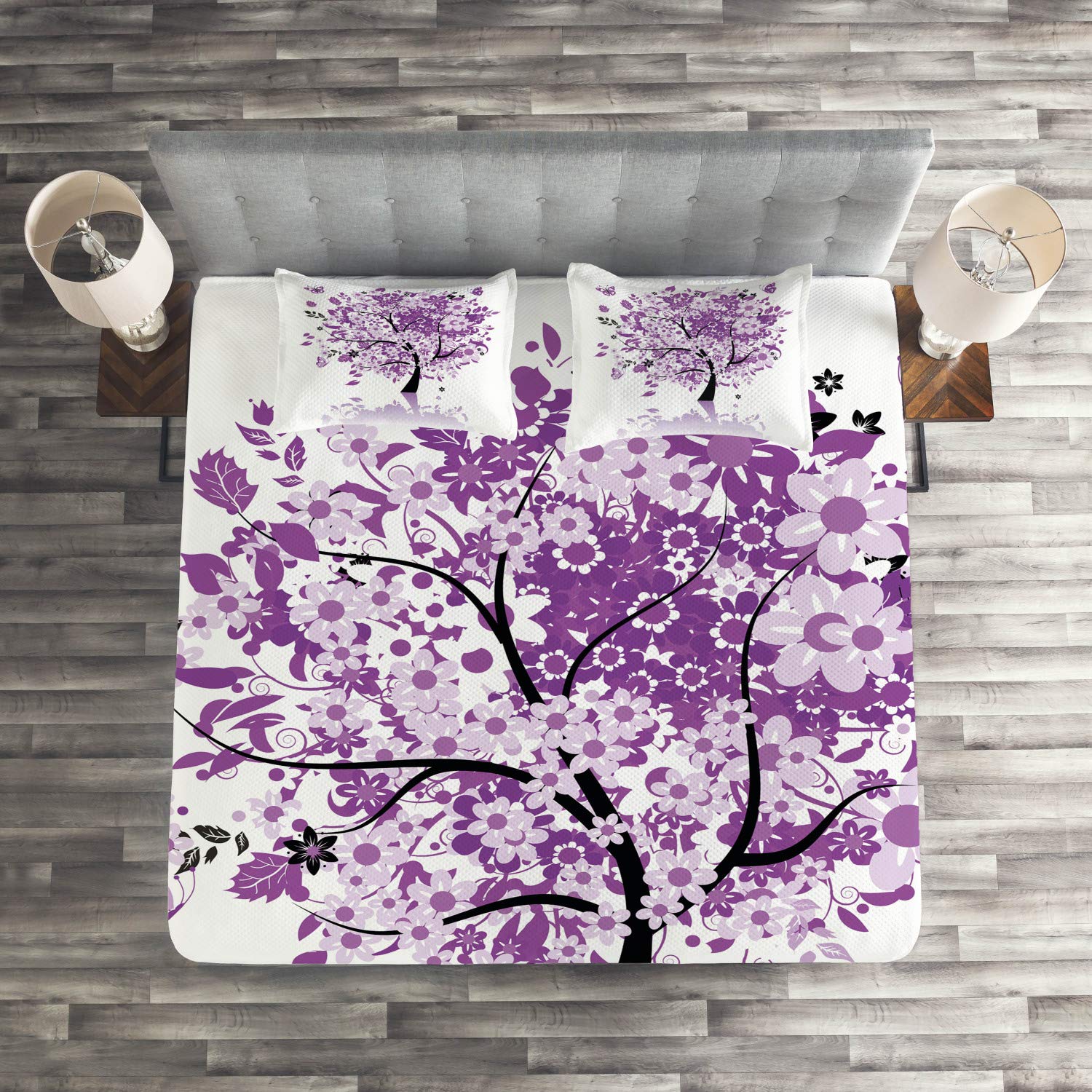 Ambesonne Nature King Size 3-Piece Quilted Bedspread Set - Spring Tree of Life Design with Blooming Flowers & Butterflies in Lilac Purple | Includes Coverlet & 2 Pillow Shams | Perfect for Master Bedroom, Guest Room Decor & Romantic Bedroom Themes