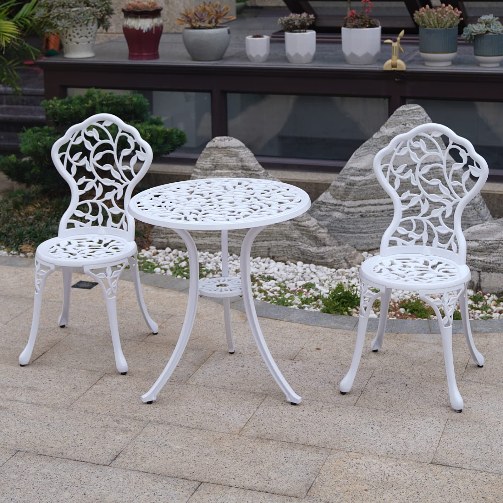 KAILI 3-Piece Patio Bistro Set - White Cast Aluminum Outdoor Dining Table and Chairs - Rust-Proof Garden Furniture for Backyard, Balcony & Poolside Relaxation