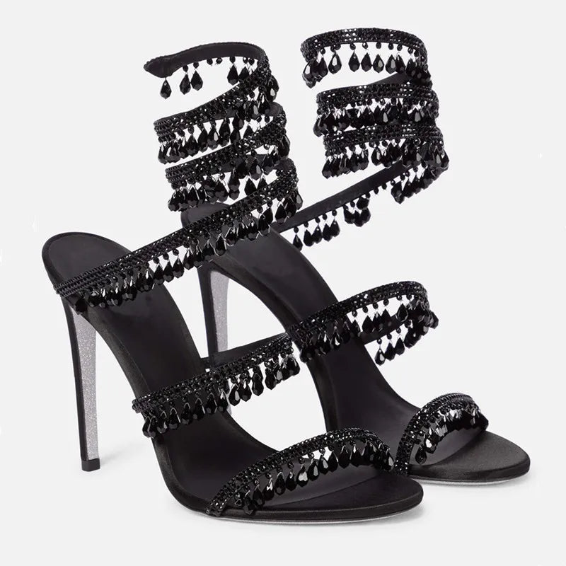 Sexy Crystal Pendant Tassel Women's Sandals - Snake Coiled Stiletto High Heels Gladiator Sandals for Summer, Wedding & Party | Elegant Evening Wear & Special Occasion Shoes