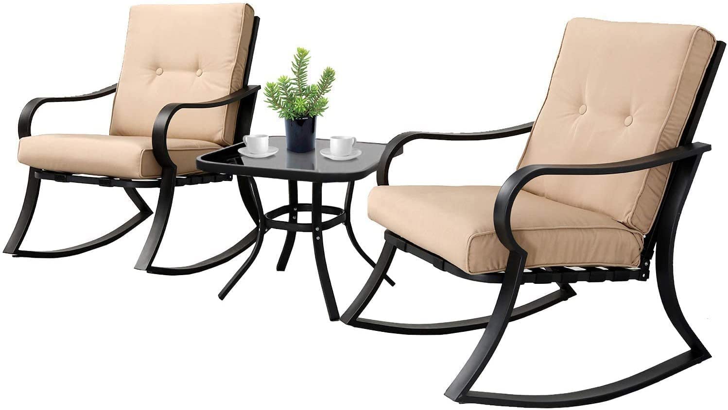SOLAURA 3-Piece Outdoor Rocking Chair Set with Glass-Top Coffee Table - Black Iron Patio Furniture with Thickened Brown Cushions for Garden, Porch & Backyard Relaxation
