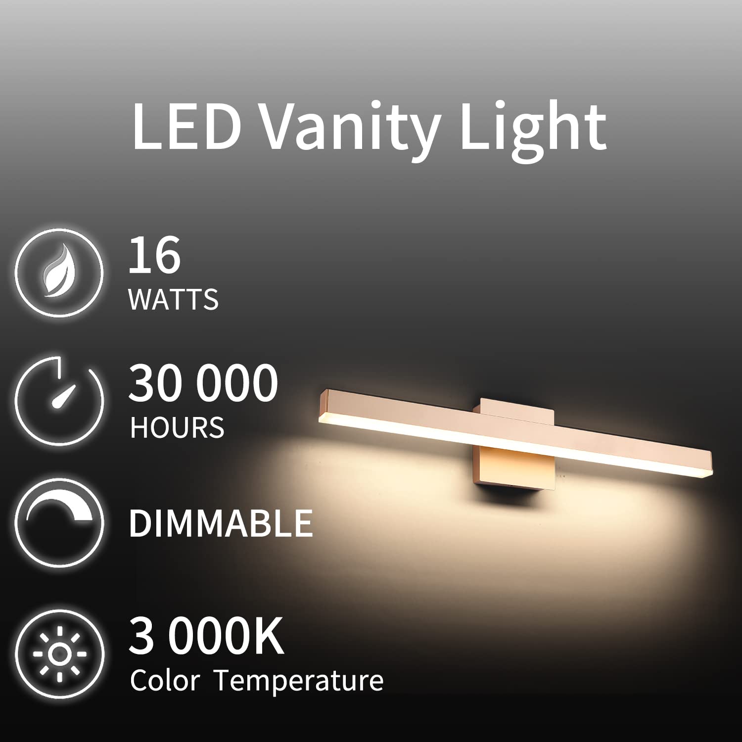 Joossnwell 24 Inch Gold LED Vanity Light - Dimmable Bathroom Mirror Lighting Fixture, 16W 3000K Warm White Makeup Light - Perfect for Modern Vanity, Dressing Room & Bathroom Sconces