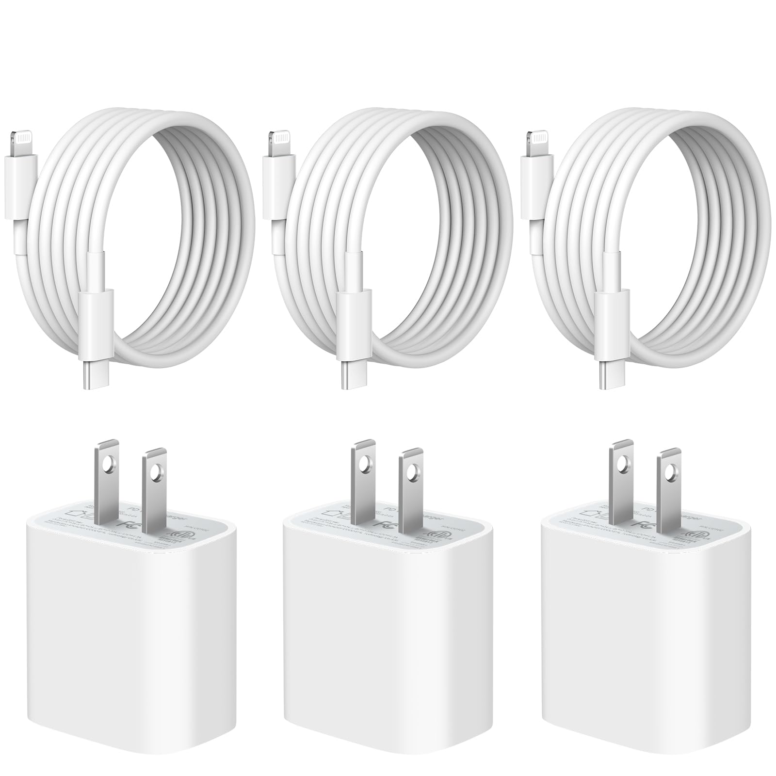 [3 Pack] 20W USB C Fast Charger Block & 6Ft iPhone Charger Cable - Compatible with iPhone 14/13/12/11/Xs/8 & iPad - Perfect for Home, Office, Travel & Car Charging