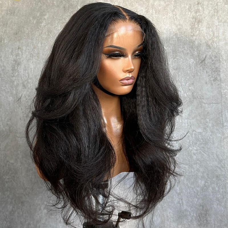 Eullair Affordable Kinky Straight Human Hair Wig with Pre-Cut Lace Frontal - Layered Cut Butterfly Style for Black Women | Perfect for Daily Wear, Cosplay & Special Occasions