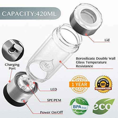 LevelUpWay 2025 Hydrogen Water Bottle Generator - SPE PEM Ionic Membrane Technology - High Borosilicate Glass - 13oz (Crystal Silver) - Portable Hydrogen Water Maker for Home, Office & Travel Hydration