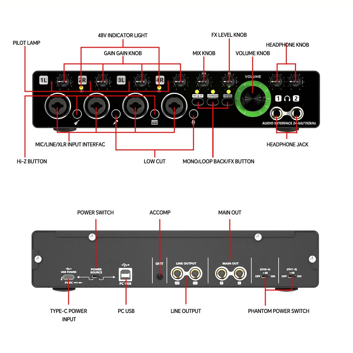 Komdndht -MD44 Professional USB Microphone Sound Card with 24Bit 192KHz Audio Interface, 4-Channel Recording for Podcast, Music, Instruments - Easy Plug & Play Setup for Home Studio & Live Streaming