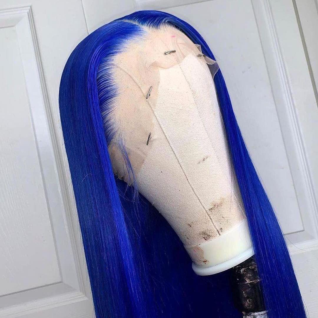 13x4 Lace Front Wig Brazilian Remy Human Hair - Blue Silky Straight 150% Density Pre Plucked Glueless Wig with Natural Hairline for Women (20 Inch) | Perfect for Cosplay, Daily Wear & Special Occasions