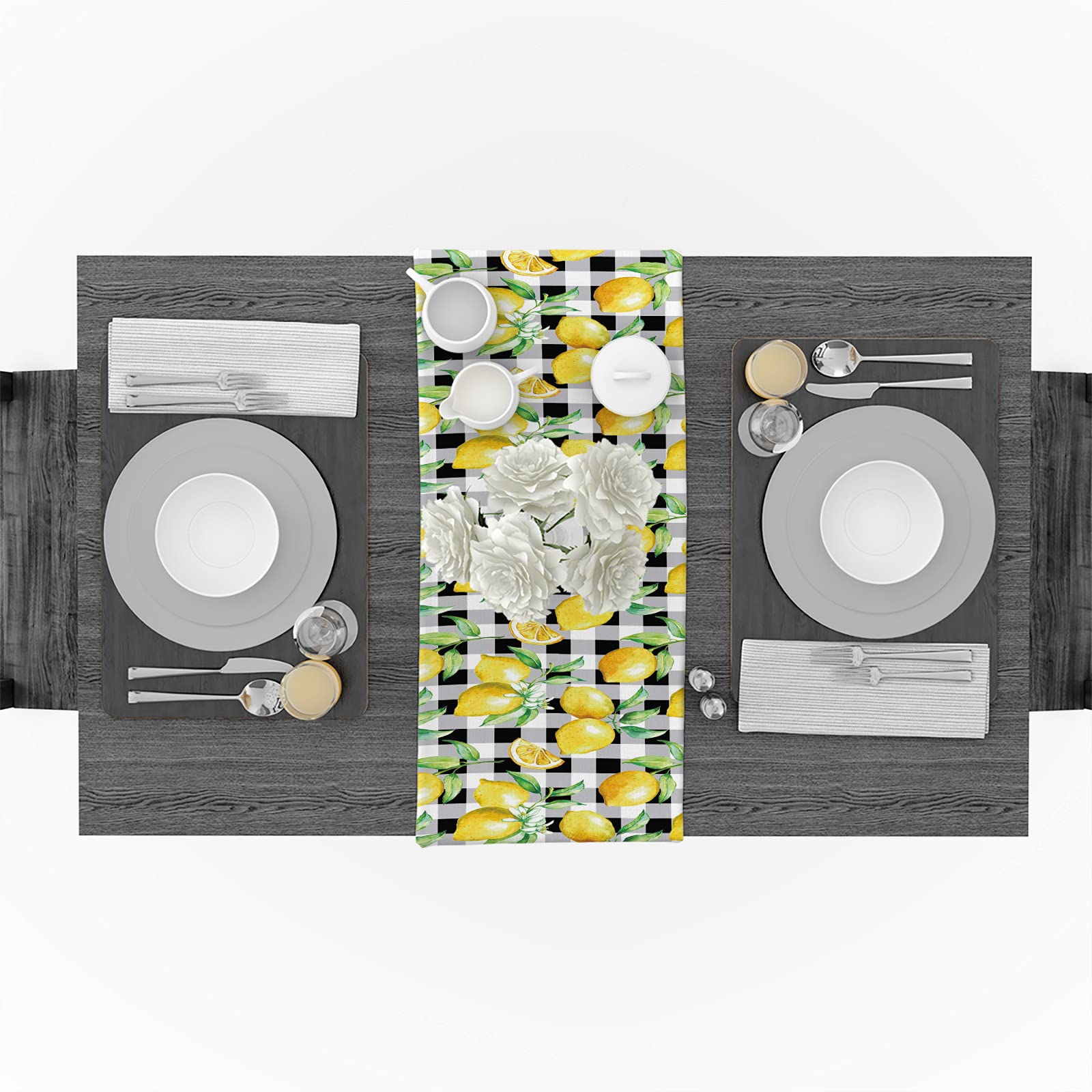 Lemon Pattern Table Runner 13x70 Inch - Yellow Lemon Buffalo Plaid Cotton Linen Tablecloth for Dining Table, Wedding, Party & Holiday Decor - Perfect for Farmhouse Kitchen, Rustic Dining Room & Seasonal Home Decoration
