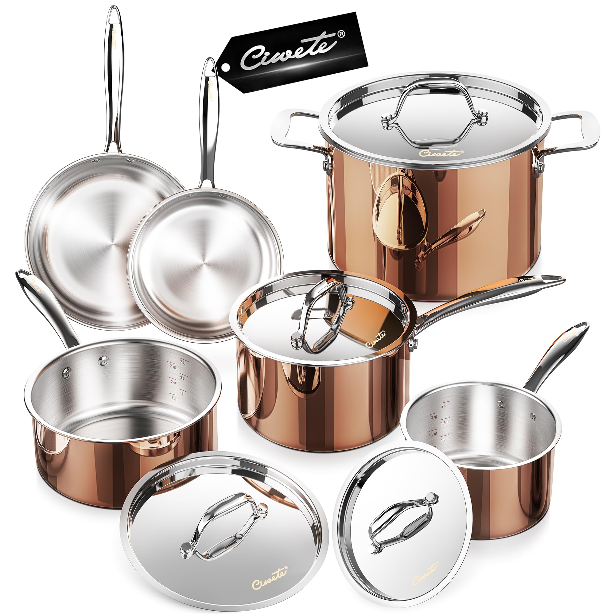 Premium 10-Piece Tri-Ply 18/10 Stainless Steel Cookware Set with Copper Core - Induction Compatible Pots & Pans Set Includes Stock Pot, Saucepan, Frying Pan with Stainless Steel Lids - Professional Kitchen Cookware for Home Chefs, Restaurants & Gourmet Cooking
