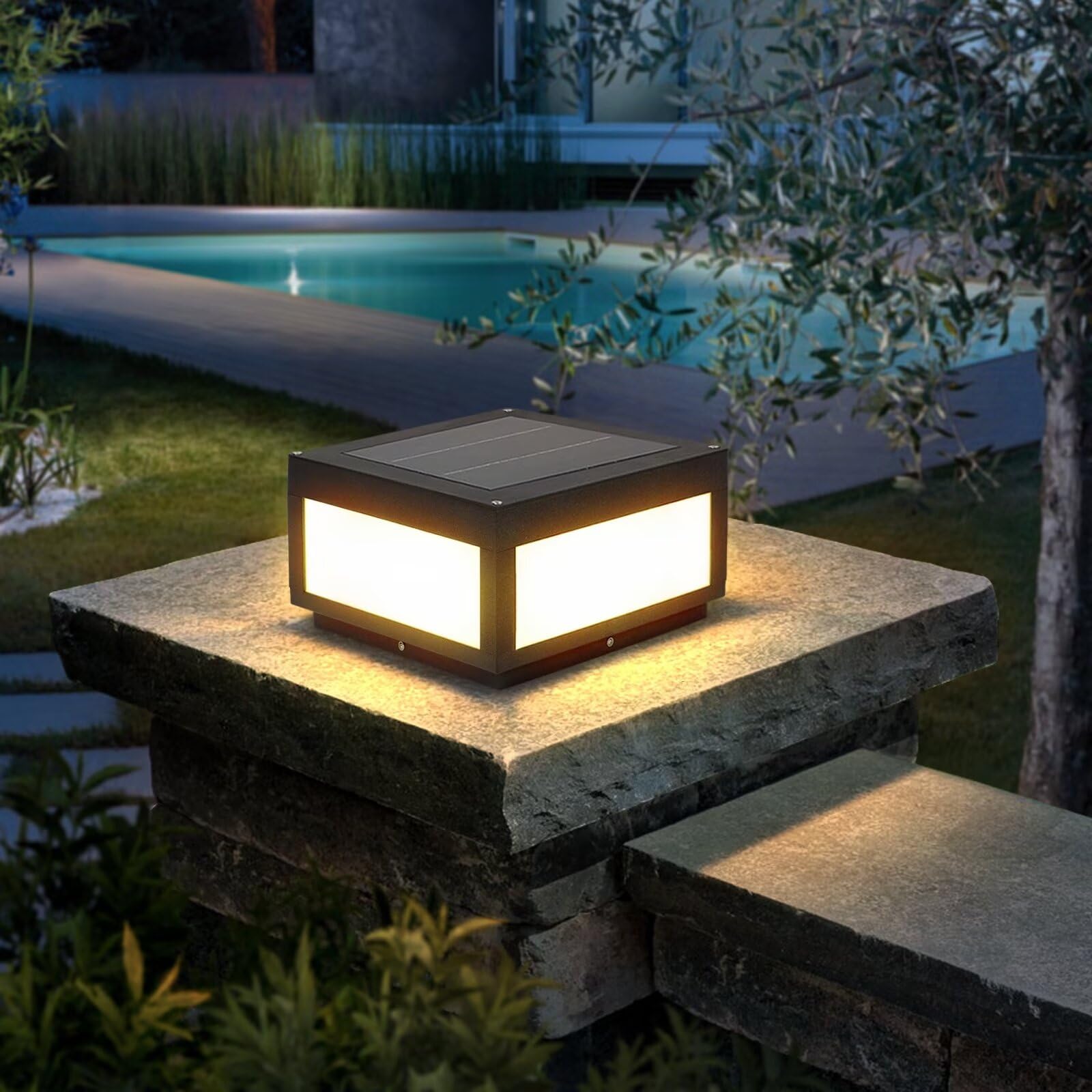 Solar Post Lights Outdoor Waterproof - Modern Aluminum Column Lights with Dusk to Dawn Sensor, Flat Surface Deck Lamp for Porch, Fence, Patio, Garden & Pathway Lighting | Weatherproof & Energy Efficient Landscape Lighting Solution