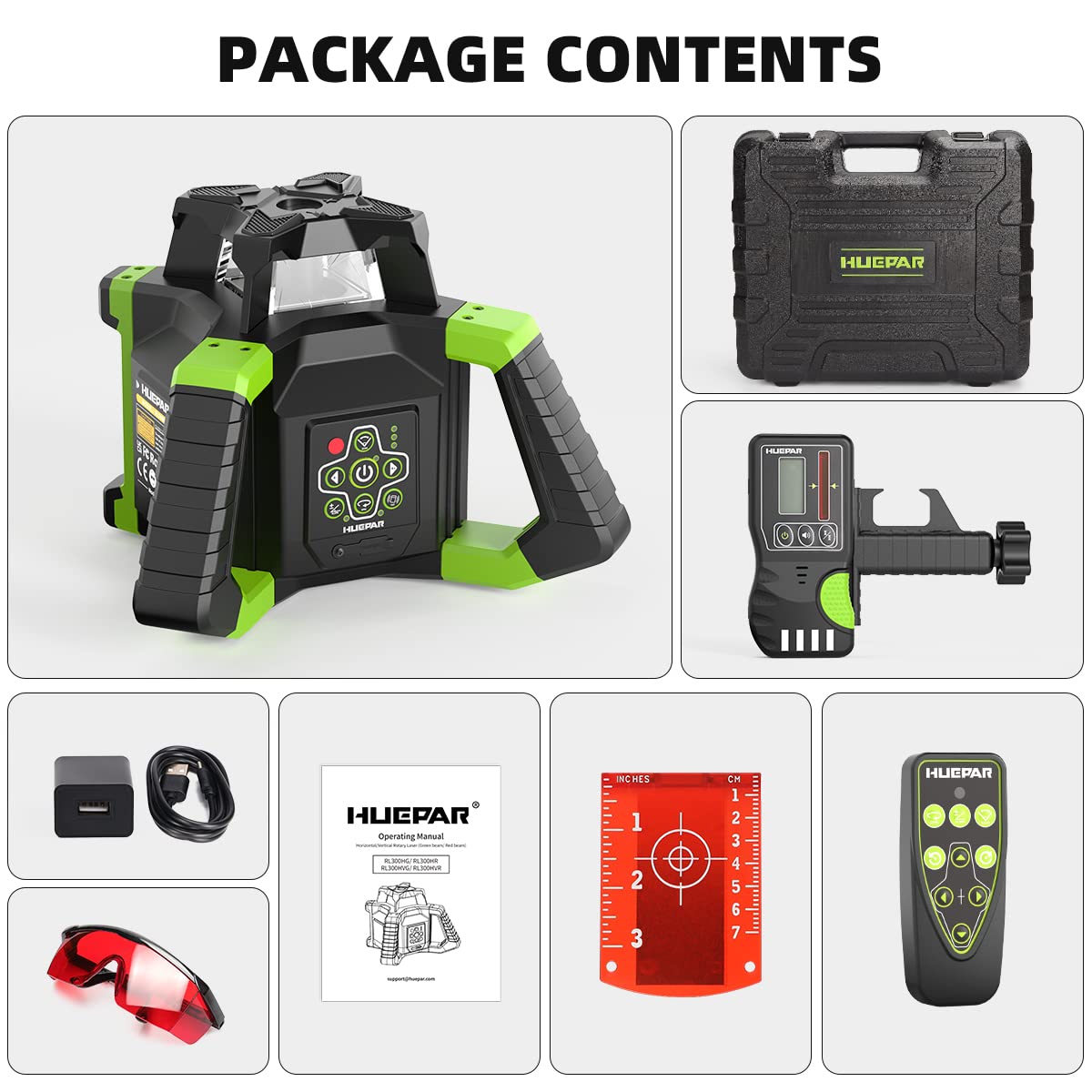 Huepar RL300HR Self-Leveling 360° Rotary Laser Level Kit with Receiver, Protective Glasses, Li-ion Battery & Hard Case - Horizontal Laser Beam for Indoor/Outdoor Construction, Flooring, Tile Installation & Landscaping Projects