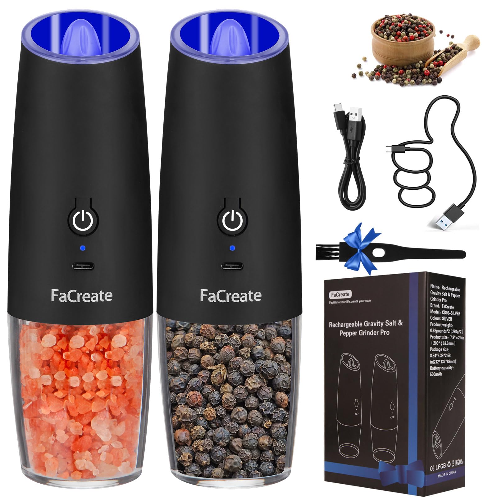 UPGRADED USB Rechargeable Electric Salt and Pepper Grinder Set - Battery Powered Automatic Mill with Adjustable Coarseness & LED Light - 2 Pack Black for Kitchen, Dining Table, Camping & Gifts