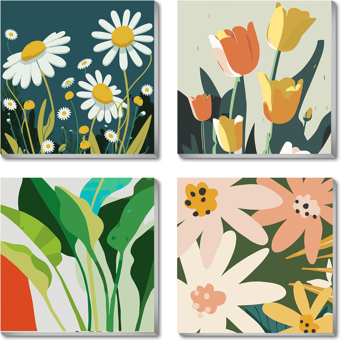 MRPWNLE 4 Pack Small Flower Paint by Numbers Kit for Adults Beginners - 8x8 Inch Framed Canvas, Easy DIY Painting Kits for Home Wall Decor, Gifts & Relaxation | Perfect for Stress Relief & Creative Hobbies