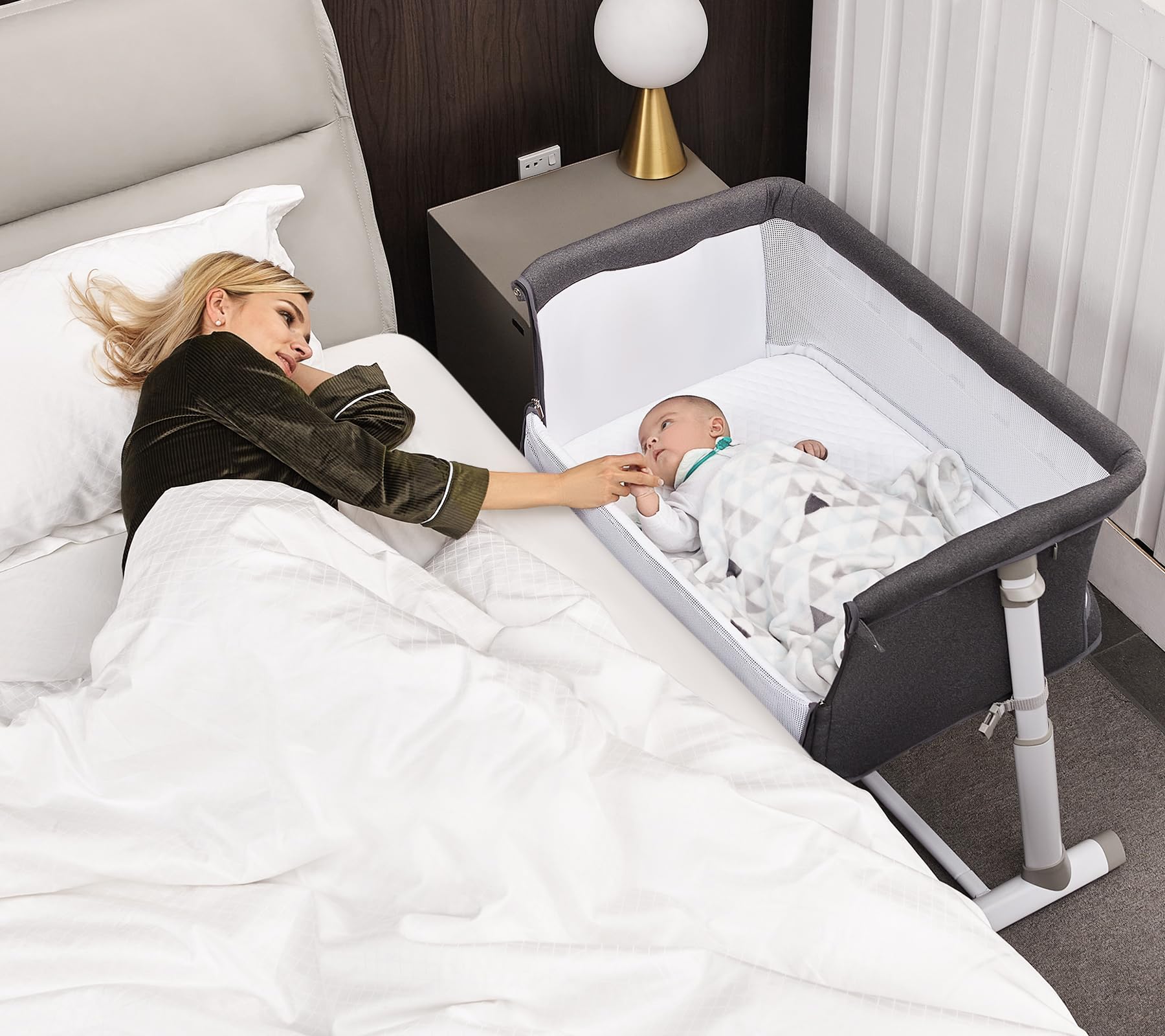 RONBEI Adjustable Portable Baby Bassinet & Bedside Sleeper - Dark Grey Crib Bed for Newborn, Infant, Baby Boy & Girl - Perfect for Nursery, Travel & Co-Sleeping