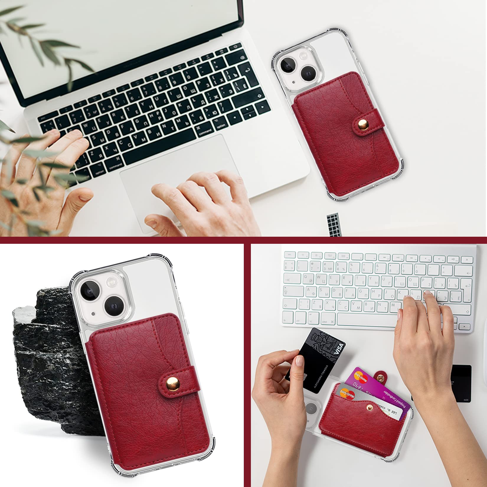 Stick-On Credit Card Holder for iPhone - 3M Adhesive Phone Wallet with Snap Closure | Compatible with Most iPhone Models & Cases (Red) | Perfect for Hands-Free Shopping, Travel & Everyday Use