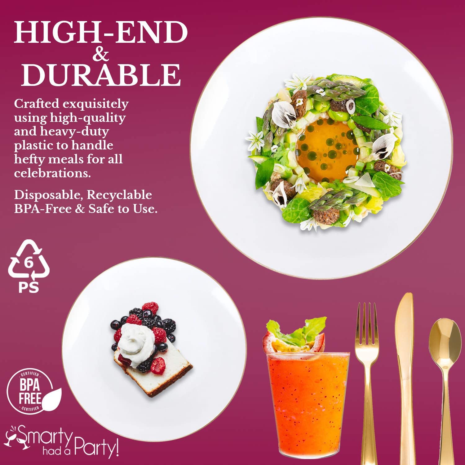 Eco-Friendly Disposable Plastic Plates with Elegant Gold Rim - Bulk Round Dinnerware for Wedding, Birthday Party, Picnic & Special Events (White & Gold, 60-Piece Wedding Set) - Perfect for Outdoor Gatherings, Catering & Home Entertaining