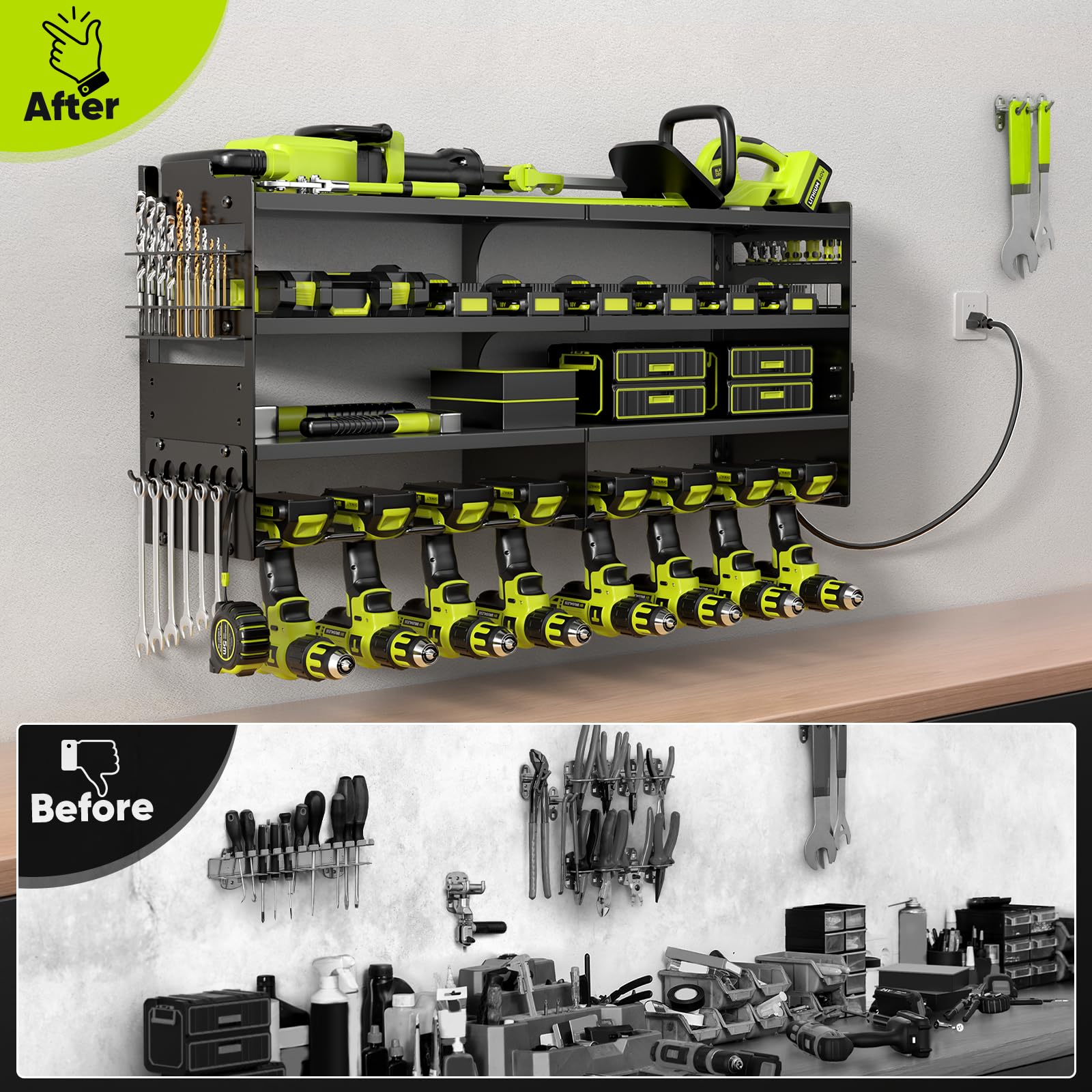 Heavy Duty 4-Tier Wall Mount Power Tool Organizer with Charging Station - 600lbs Capacity, 8 Drill Holders & 4 Power Strips - Perfect for Garage, Workshop, and DIY Tool Storage
