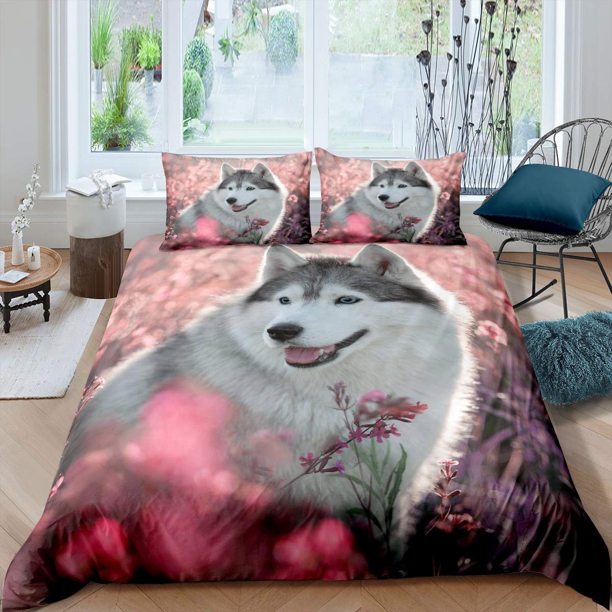 Stylish Siberian Husky Duvet Cover Set - Twin Size 2Pcs, Pink Floral Botanical Design for Kids & Teens Bedroom - Soft Pet Animal Print Comforter Cover for Boys & Girls | Perfect for Cozy Bedrooms, Dorm Rooms & Sleepovers