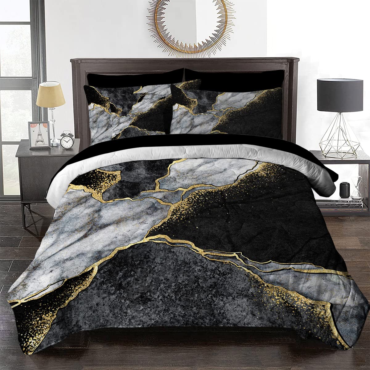 BlessLiving Black Gold White Marble Comforter Set King - 8 Piece Luxury Modern Bed in a Bag with Comforter & Sheets, Abstract Design Bedding Set for Master Bedroom, Guest Room & Hotel Decor