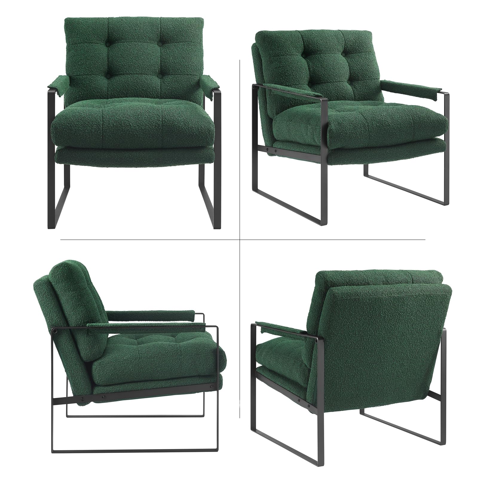 Mid Century Modern Accent Chair - Fat Ant Comfy Boucle Fabric Lounge Chair with Cushions, Sturdy Metal Frame Armchair for Living Room, Bedroom & Reading Nook (Green) - Perfect for Relaxing, Reading & Home Decor