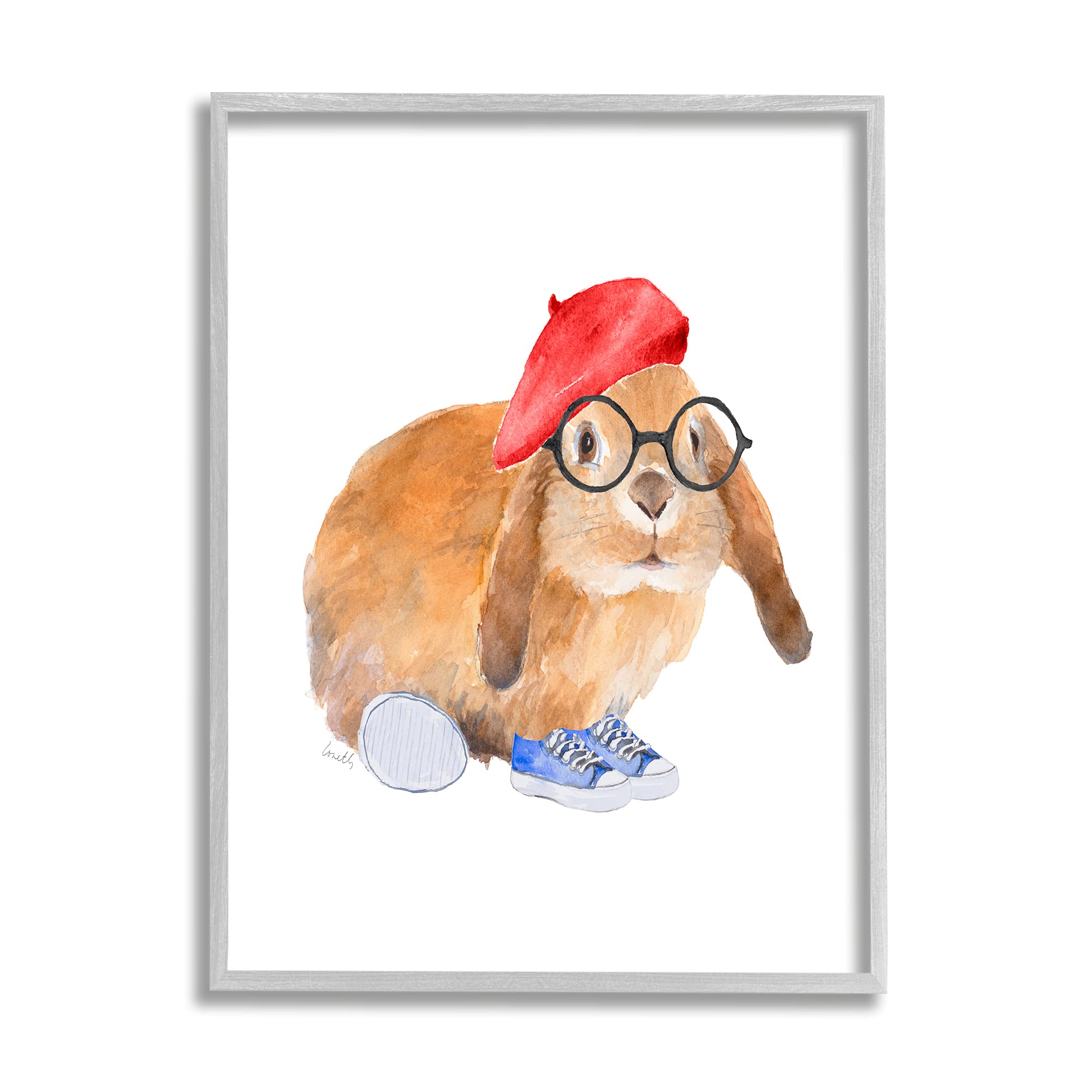 Stupell Industries Chic Bunny Rabbit with Red Beret Hat & Round Glasses - Lanie Loreth Gray Framed Wall Art Decor, 24x30 Inches, Orange - Perfect for Nursery, Kids Room & Playroom Decor