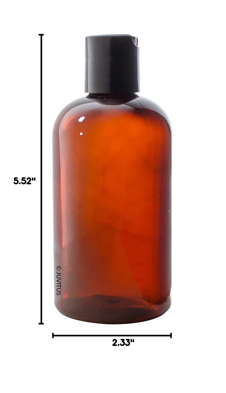 JUVITUS 8 oz Amber Boston Round PET Plastic Bottles (BPA Free) - 12 Pack with Black Disc Cap | Essential Oil, DIY Beauty & Herbal Storage Bottles for Home, Lab & Crafting