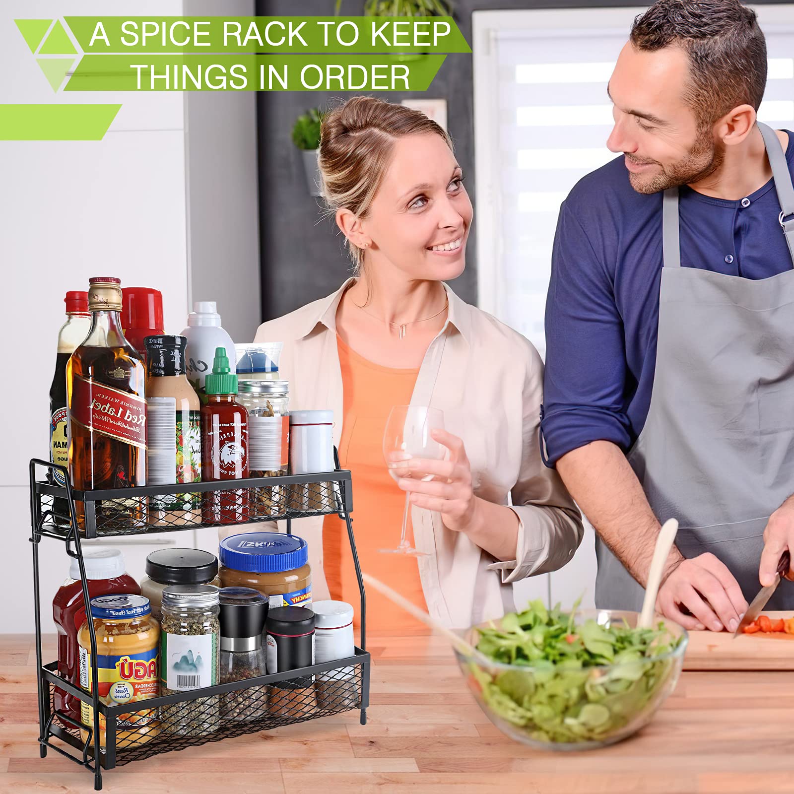 2-Tier Foldable Metal Spice Rack Organizer - Non-Slip Countertop Storage for Kitchen & Bathroom | Space-Saving Black Spice Holder for Countertops, Cabinets & Pantry Organization