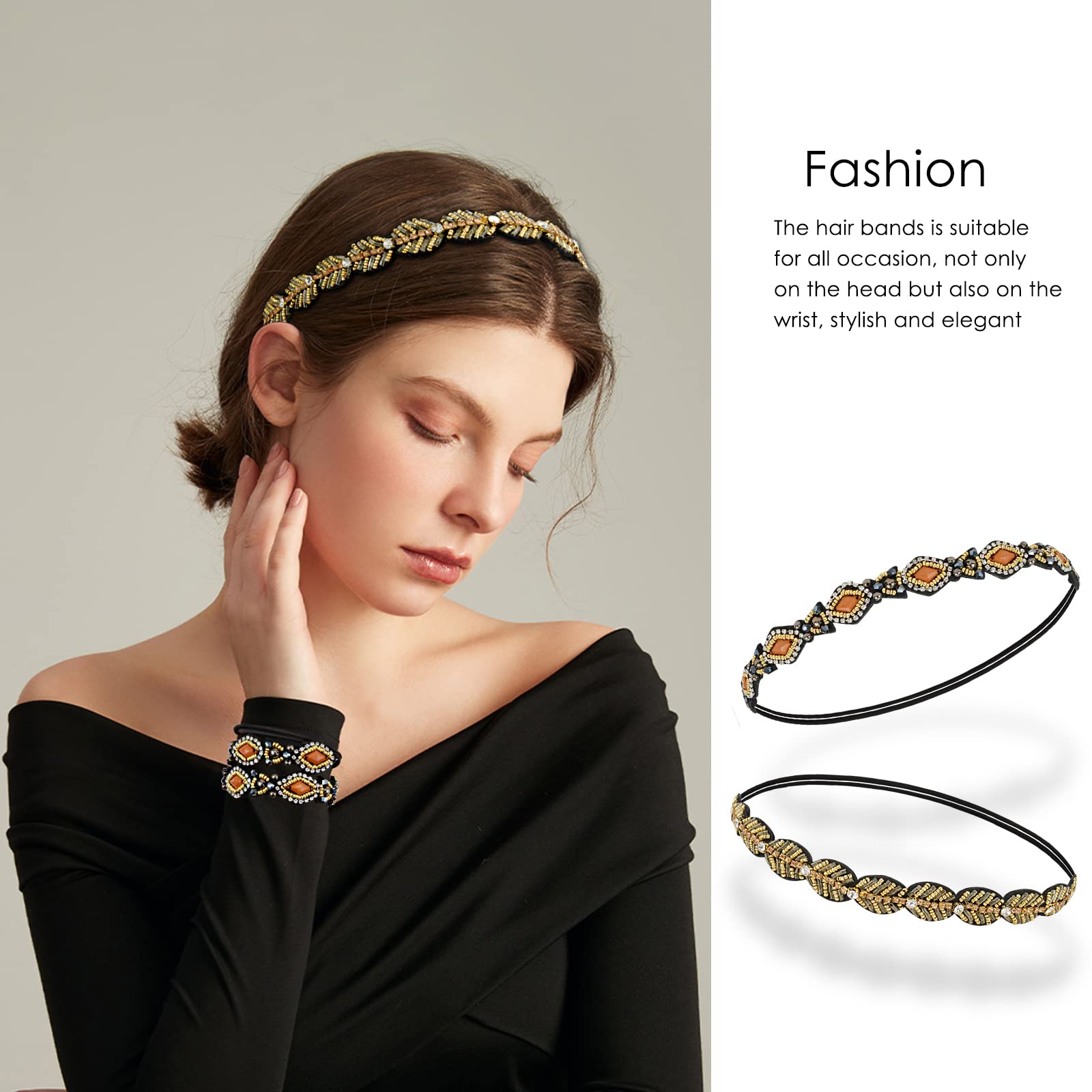 AMCAMI 5-Piece Rhinestone Beaded Hairband Set for Women - Elegant Crystal Jeweled Headbands - Handmade Hair Accessories for Women & Girls (Weddings, Parties, Prom, Daily Wear)