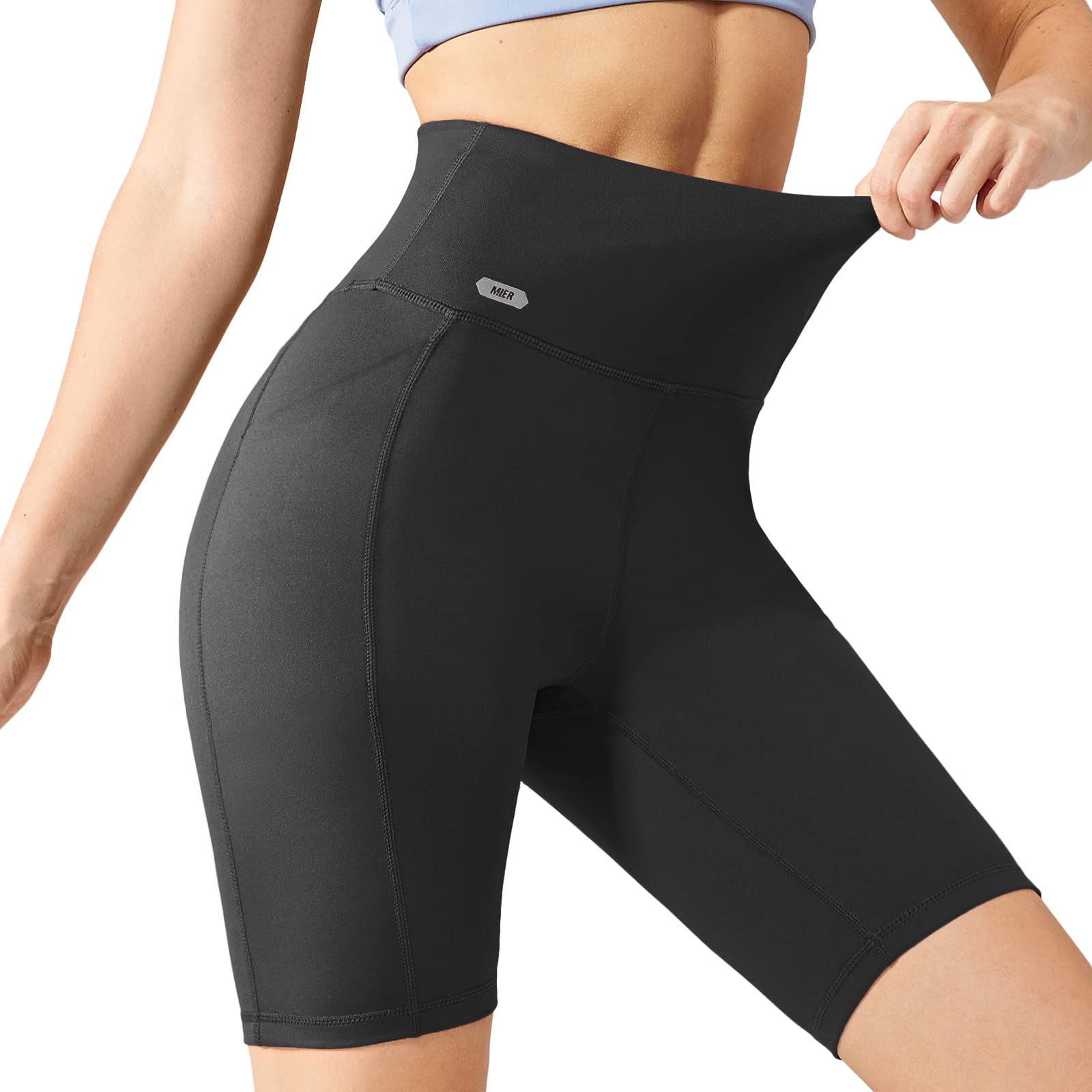 MIER Women's High Waist Yoga Shorts - 8 Inch Compression Biker Shorts with Side Pockets & Tummy Control for Workout, Running, Gym & Lounge Wear