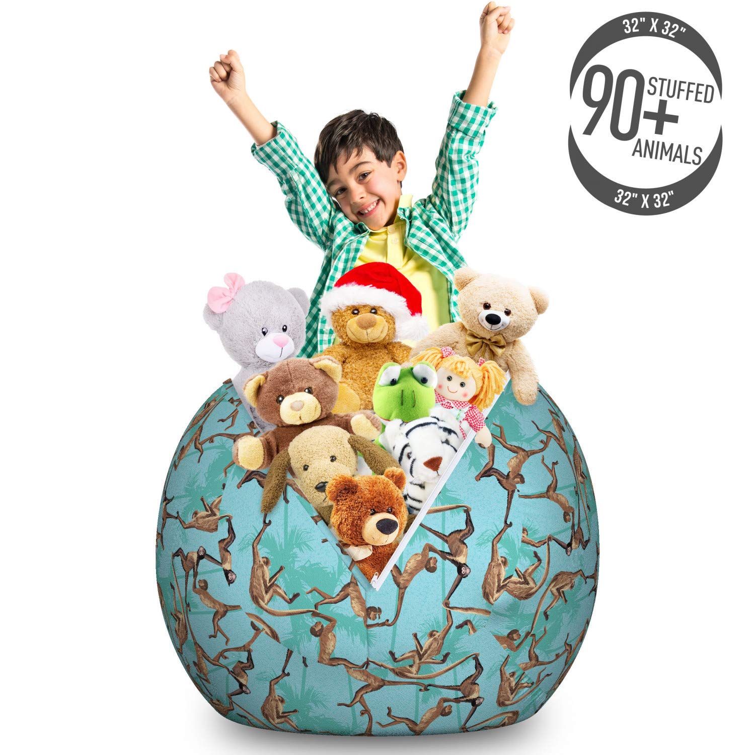 Ambesonne Monkey Storage Toy Bag Chair - Wild Jungle Animals Design, Large Washable Stuffed Animal Organizer for Kids Room, Nursery, Playroom - Sea Blue Caramel