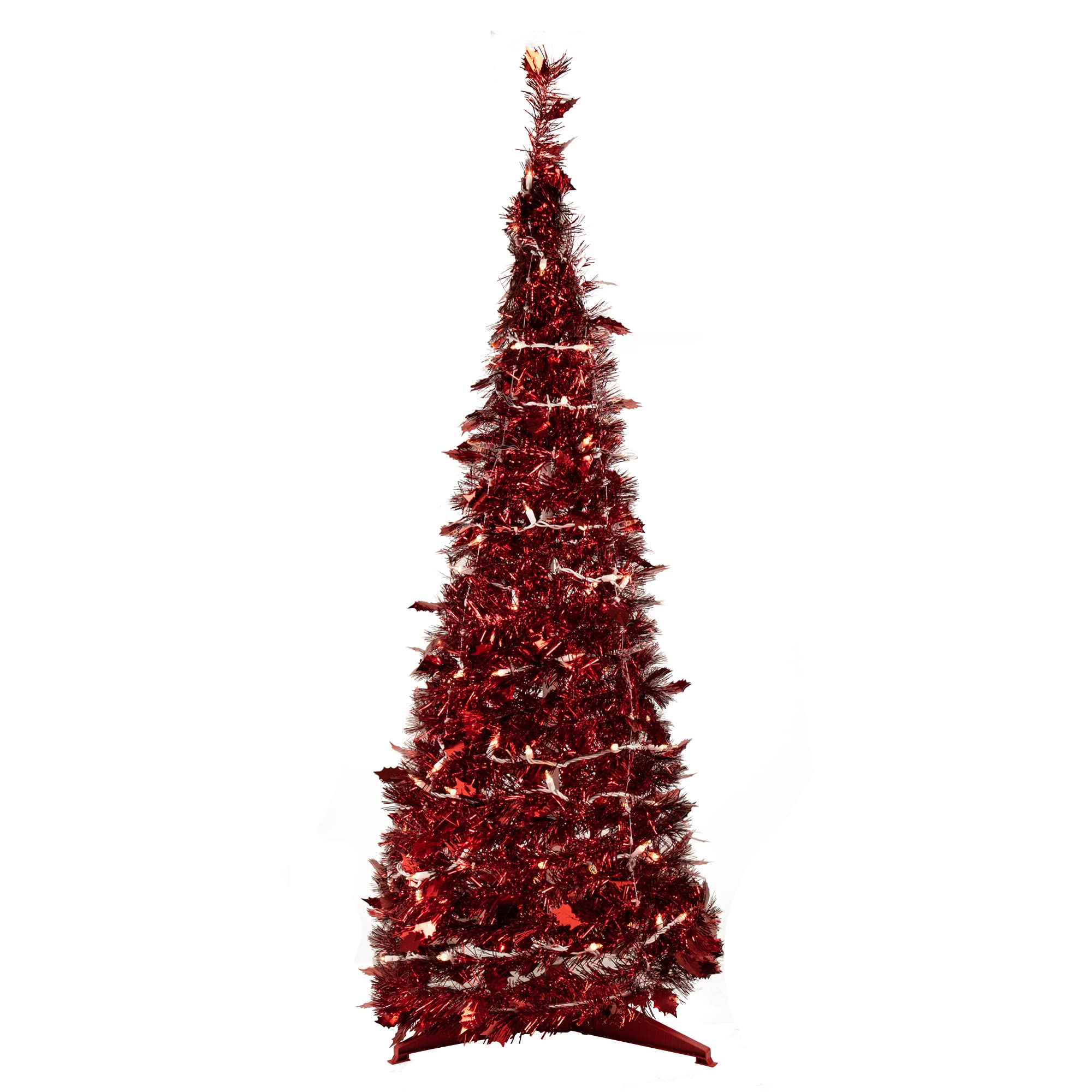 6ft Pre-Lit Red Tinsel Artificial Christmas Tree with Clear Lights - Sparkling Holiday Decor for Home, Office & Party Decorations