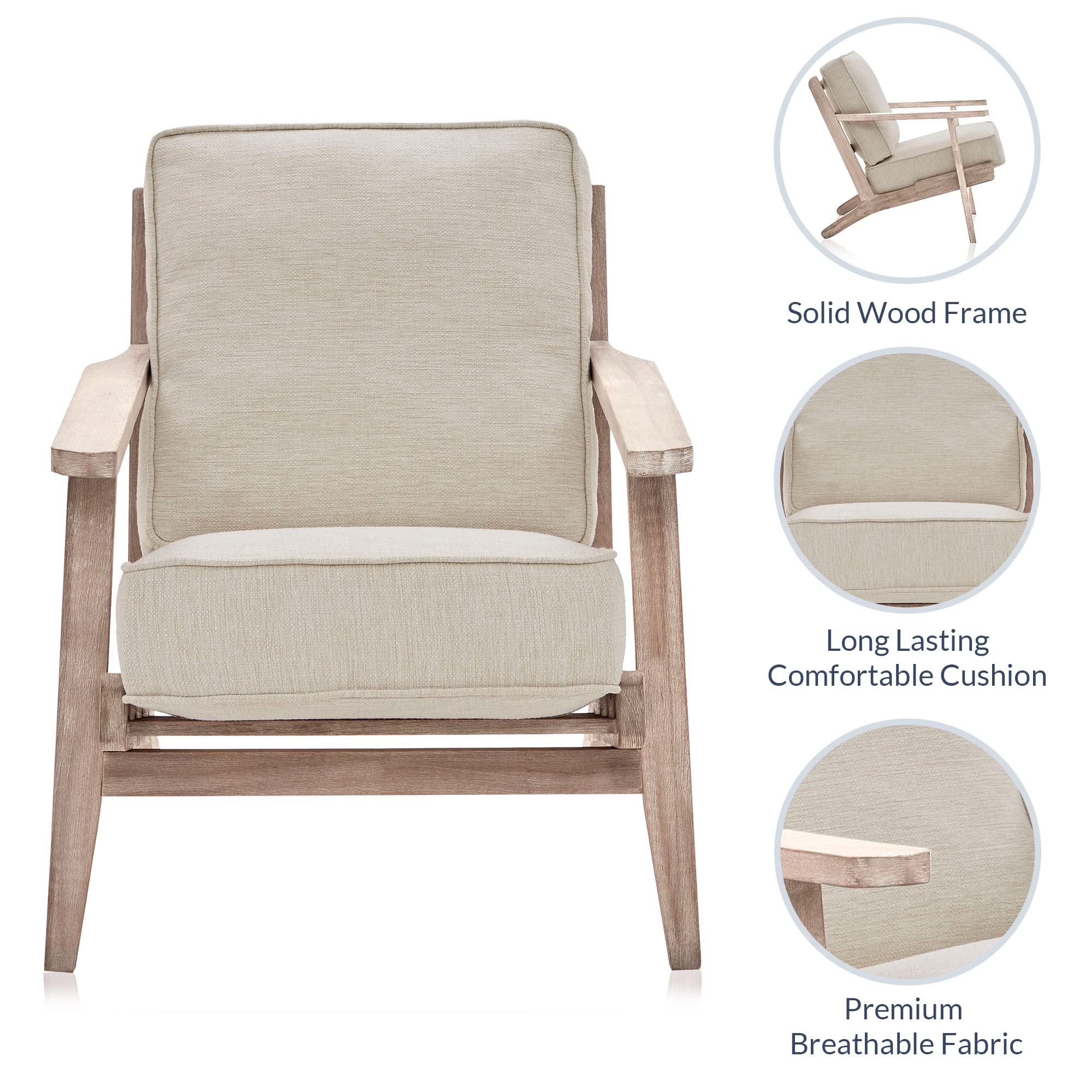 BELLEZE Mid Century Modern Chairs Set of 2 - Upholstered Linen Armchairs with Solid Wood Frame - Easy Assembly Accent Chairs for Living Room, Bedroom, Office - Maximus (Natural) | Perfect for Home Decor, Reading Nook & Guest Seating