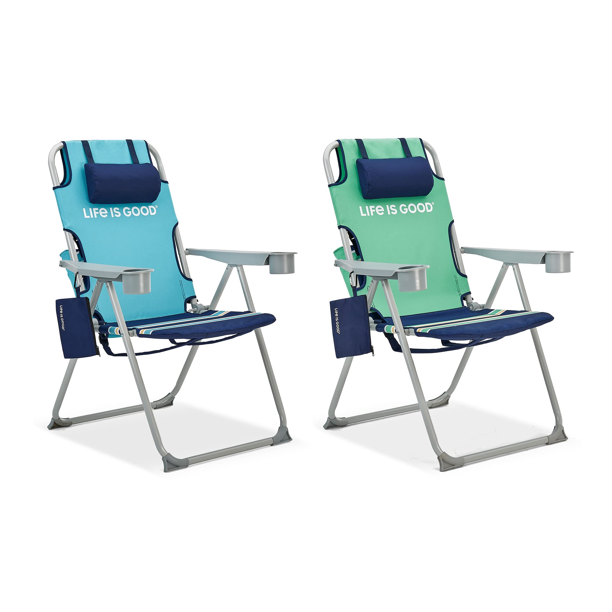 Life is Good Backpack Lawn Chair Set of 2 - Portable Folding Camping Chairs with Silver Frame (Blue Turtle & Green Sun) for Beach, Picnic, Backyard, and Outdoor Adventures